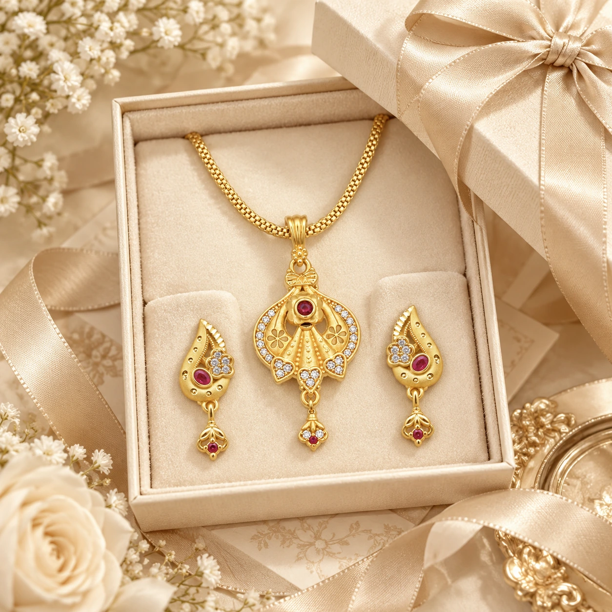 1 Gram Micro Polish 22 Carat Gold Plated Floral Teardrop Pendant Set