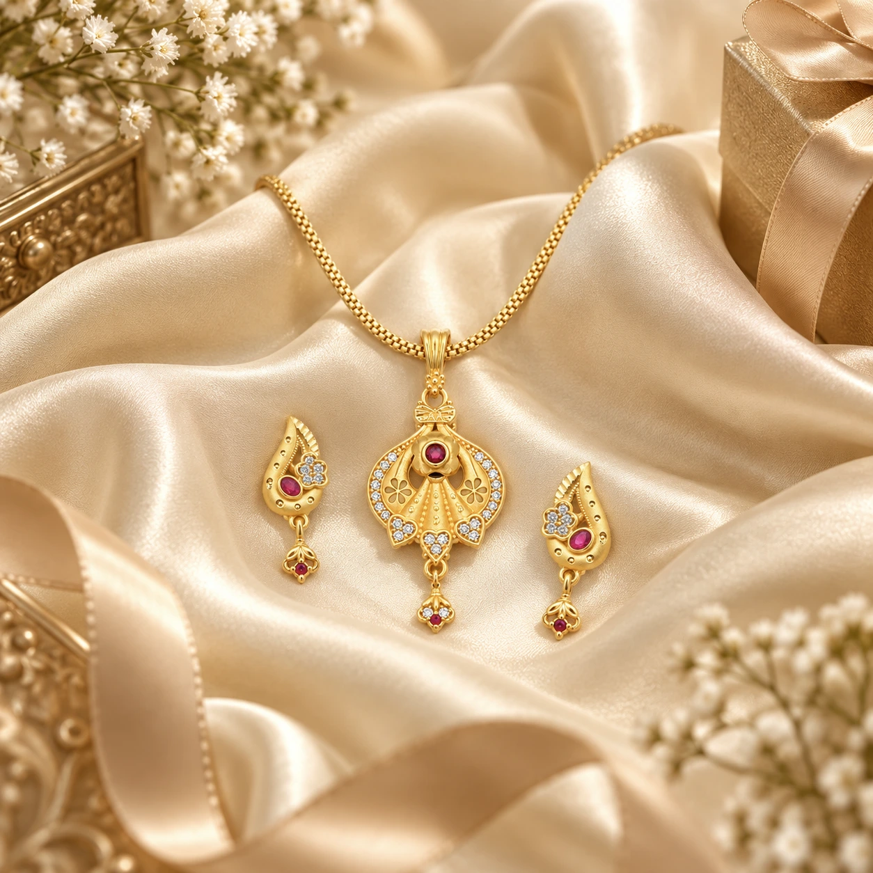 1 Gram Micro Polish 22 Carat Gold Plated Floral Teardrop Pendant Set