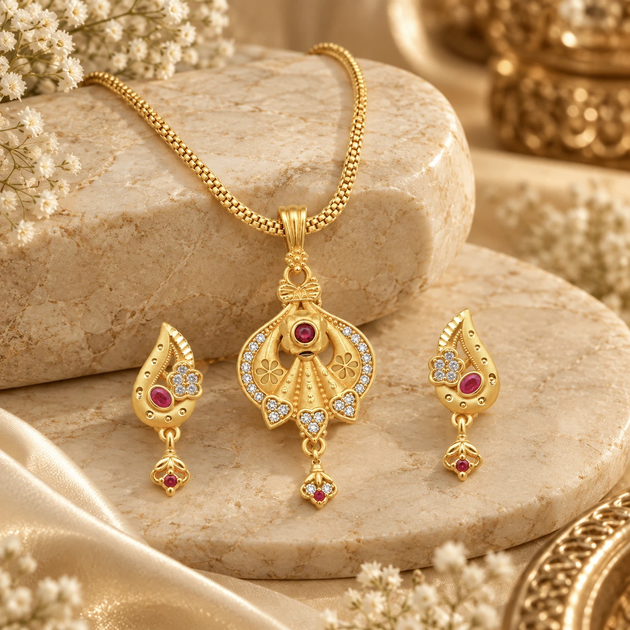 1 Gram Micro Polish 22 Carat Gold Plated Floral Teardrop Pendant Set