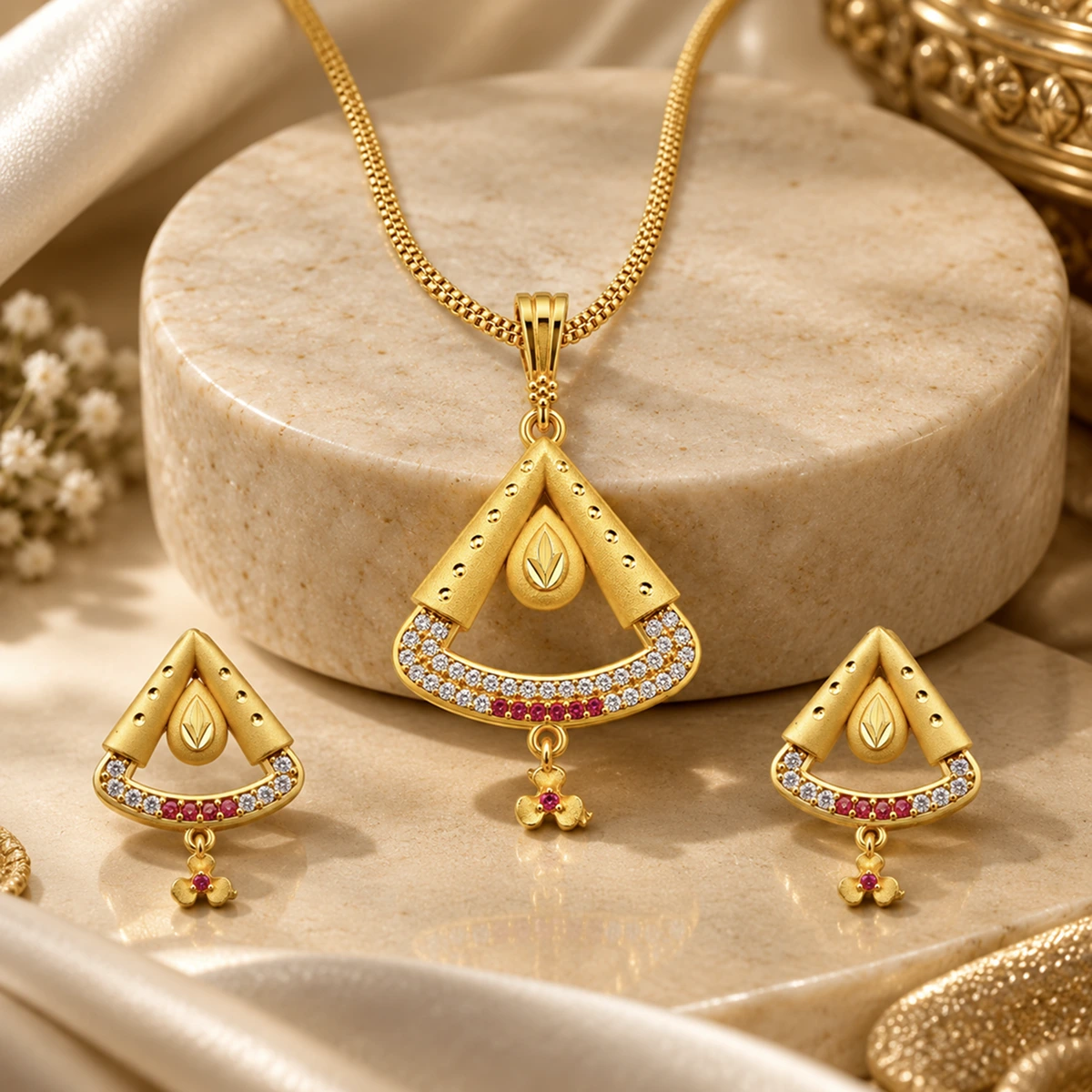 1 Gram Micro Polish 22 Carat Gold Plated Ruby Leaf Triangle Pendant Set