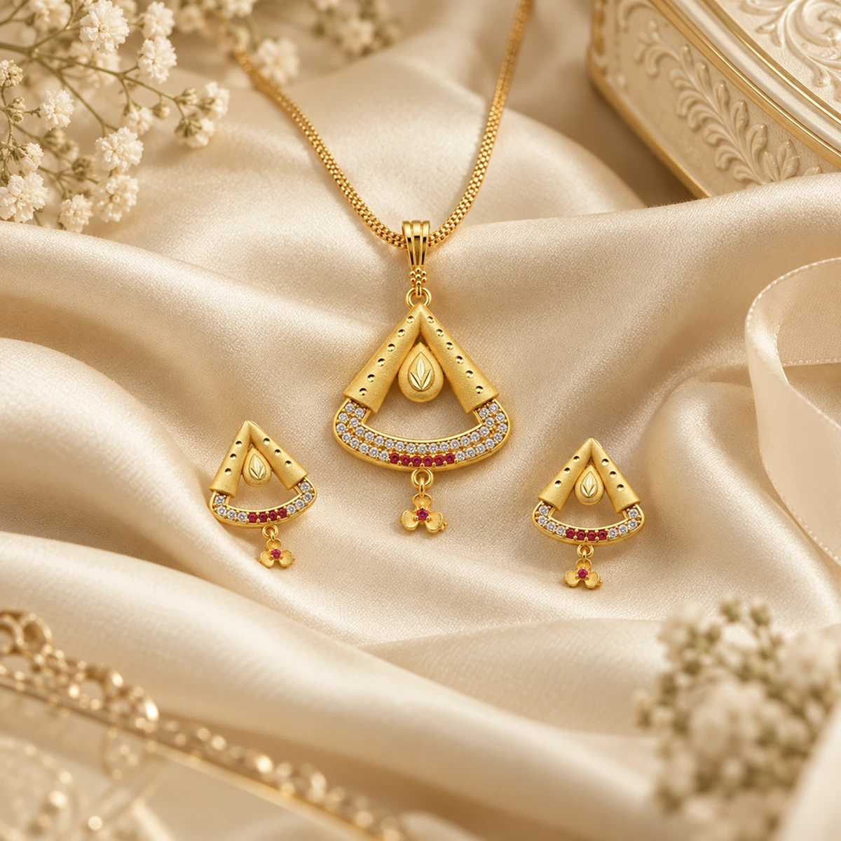 1 Gram Micro Polish 22 Carat Gold Plated Ruby Leaf Triangle Pendant Set