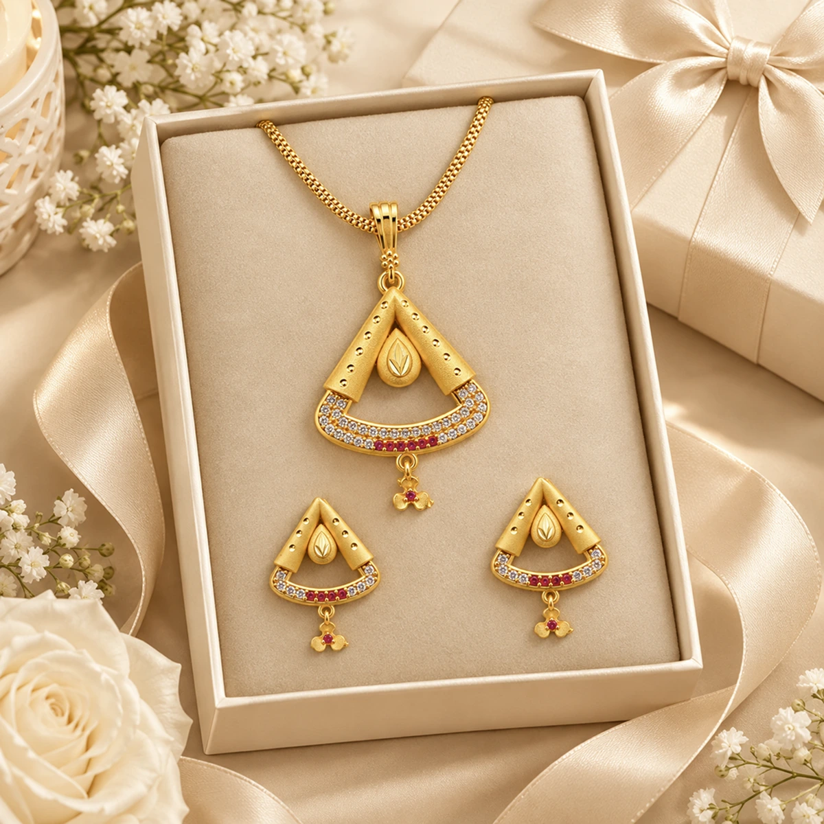1 Gram Micro Polish 22 Carat Gold Plated Ruby Leaf Triangle Pendant Set