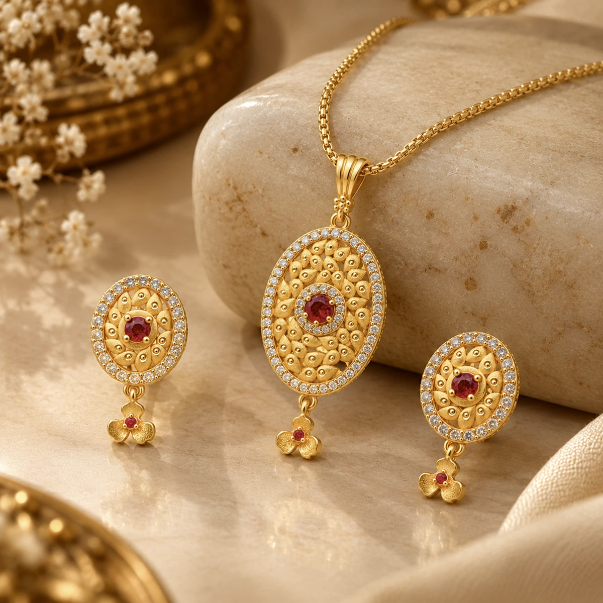 1 Gram Micro Polish 22 Carat Gold Plated Oval Ruby Pendant Set
