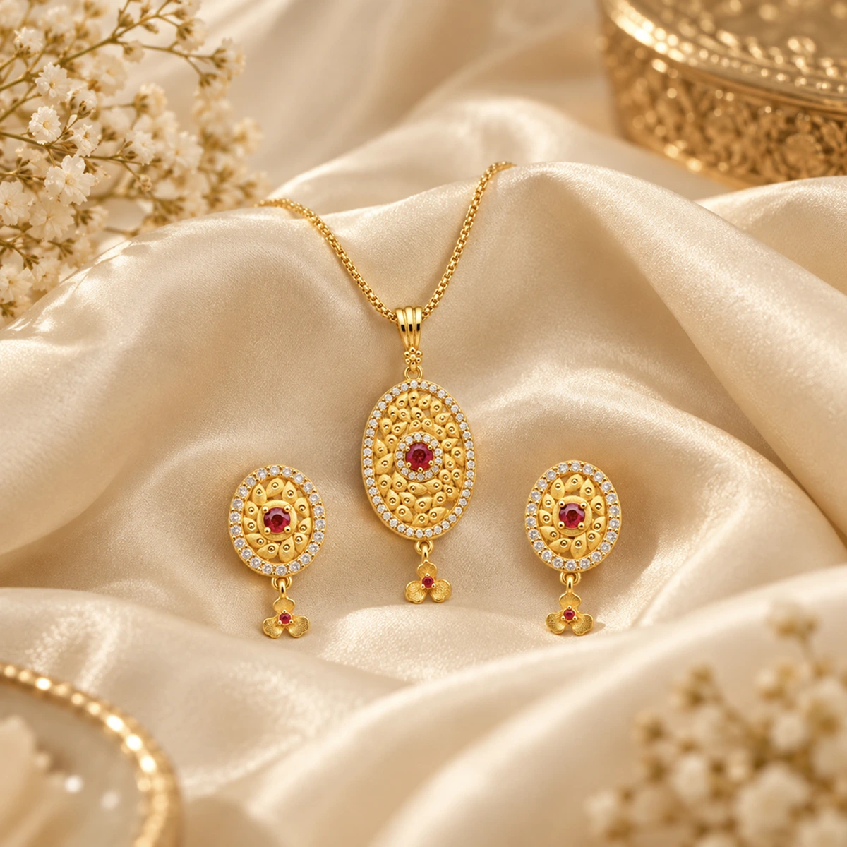 1 Gram Micro Polish 22 Carat Gold Plated Oval Ruby Pendant Set