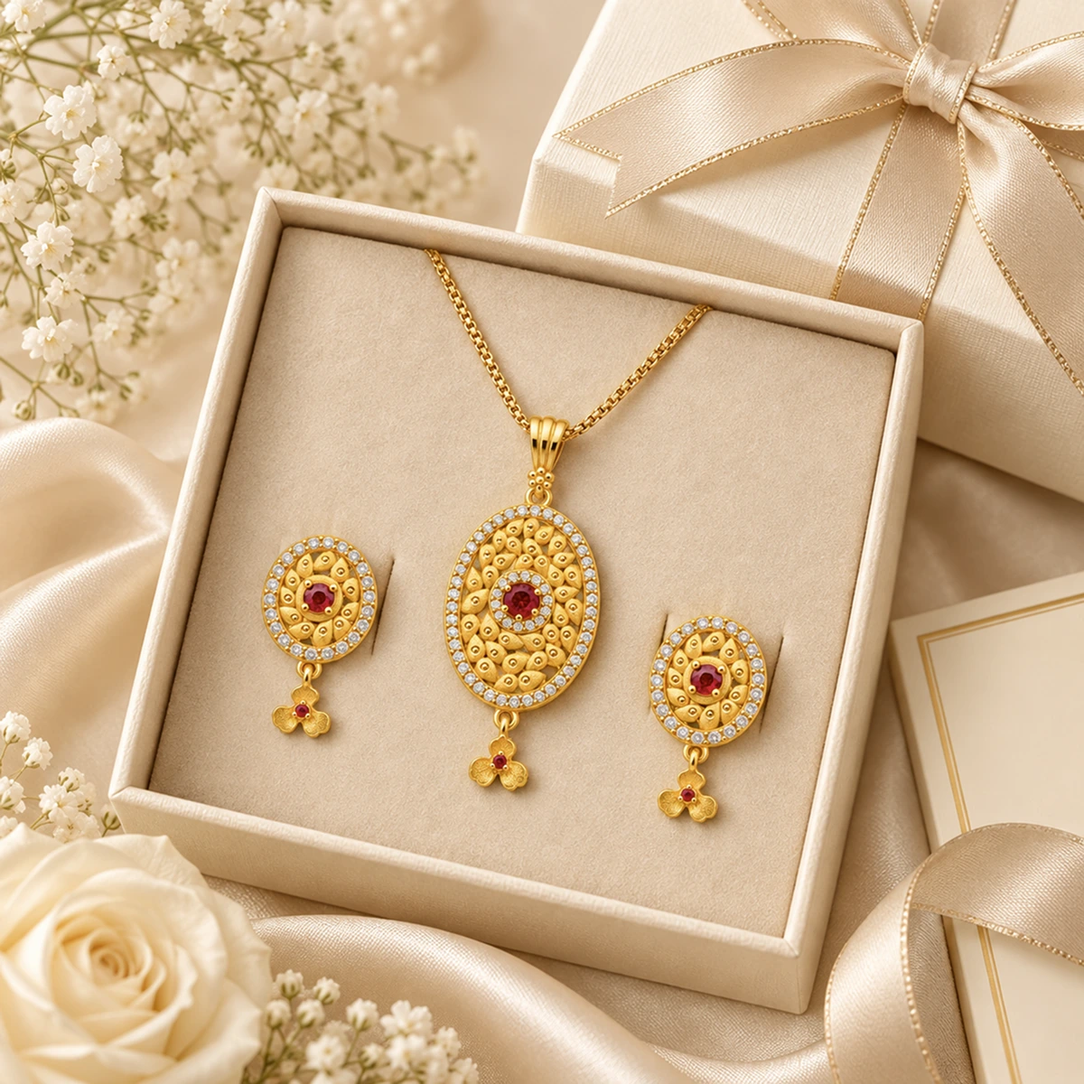 1 Gram Micro Polish 22 Carat Gold Plated Oval Ruby Pendant Set