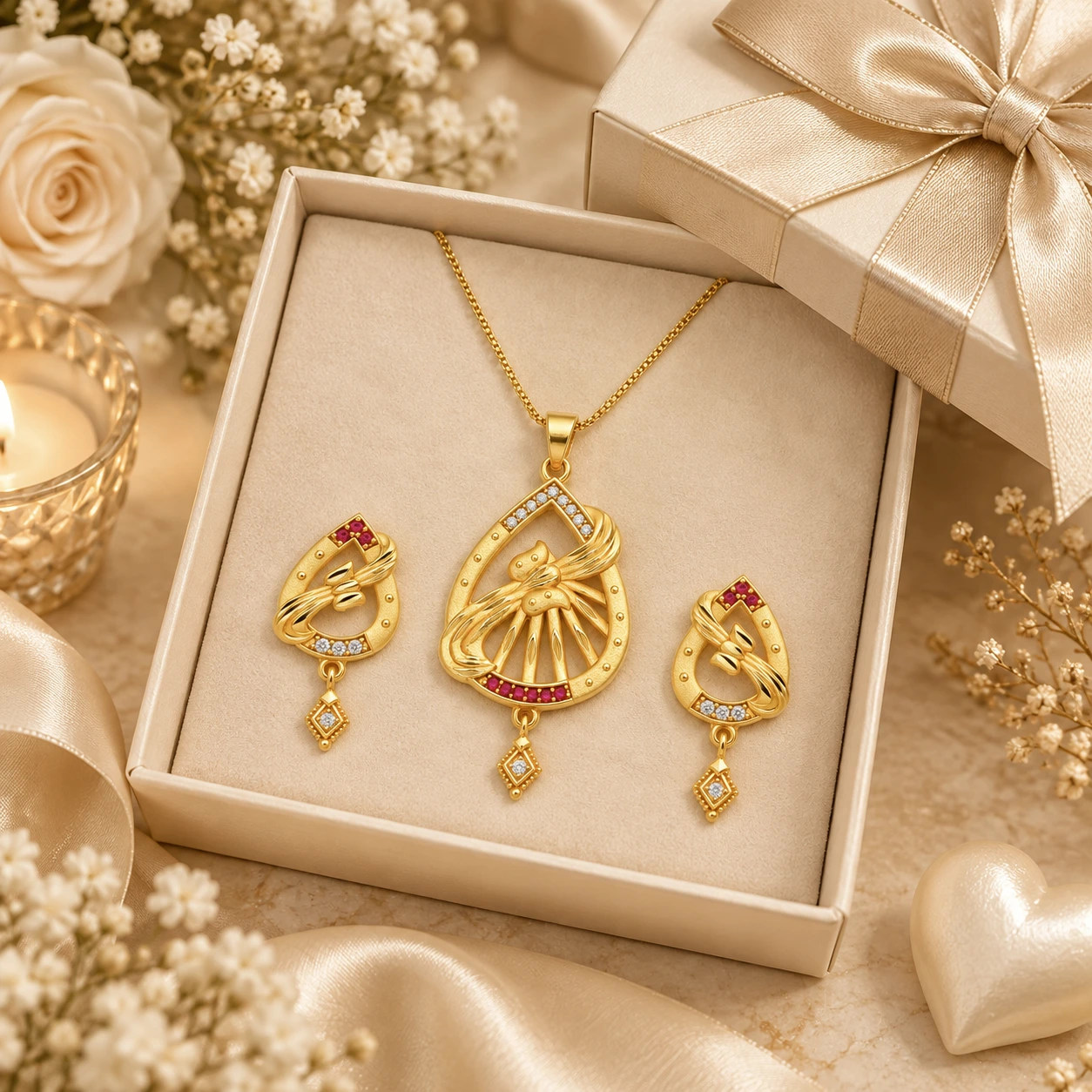 1 Gram Micro Polish 22 Carat Gold Plated Leaf Fan Pendant Set