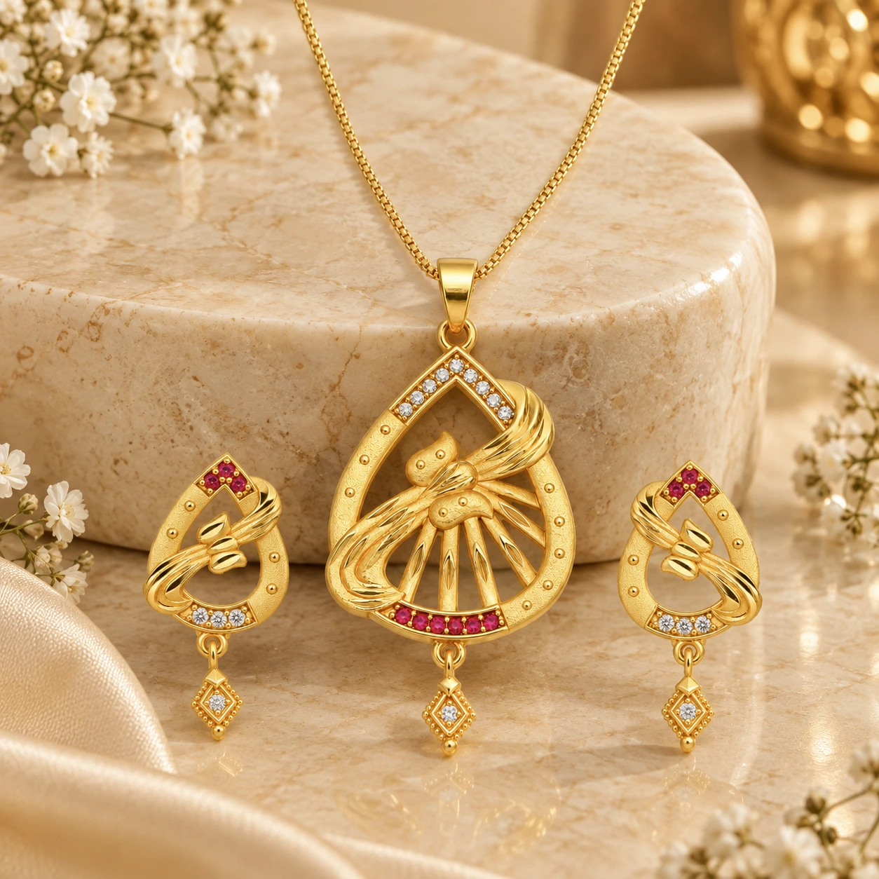 1 Gram Micro Polish 22 Carat Gold Plated Leaf Fan Pendant Set