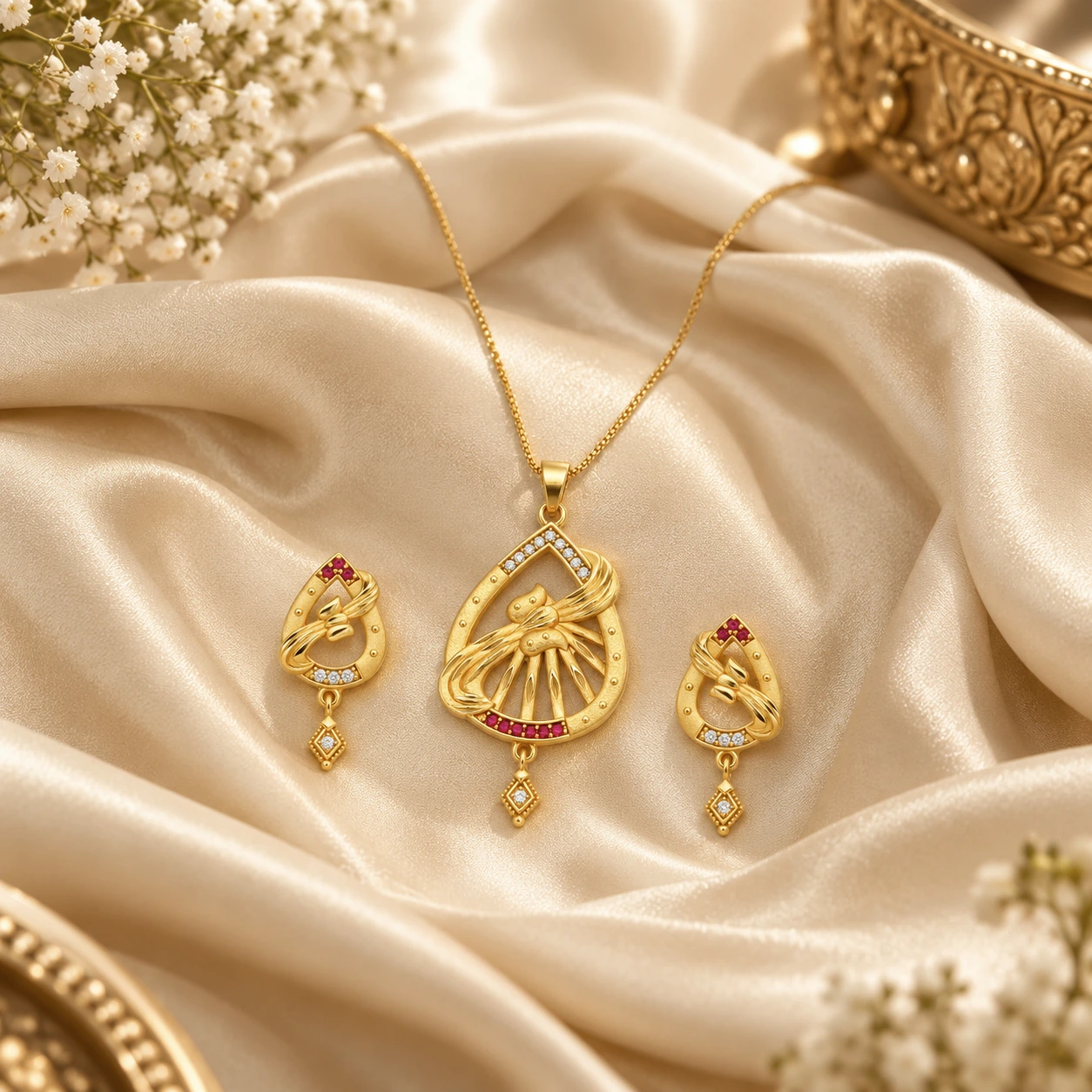1 Gram Micro Polish 22 Carat Gold Plated Leaf Fan Pendant Set