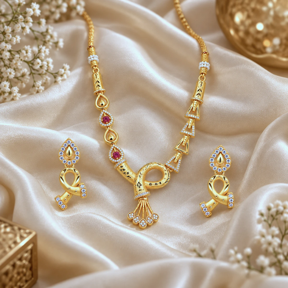 1 Gram Micro Polish Gold Plated Floral Bow Necklace Set