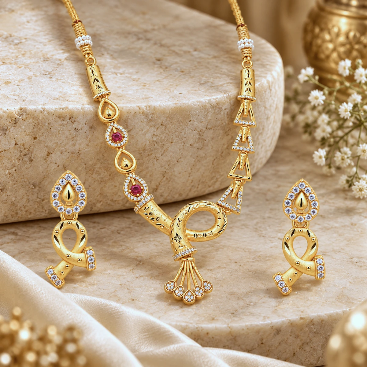 1 Gram Micro Polish Gold Plated Floral Bow Necklace Set
