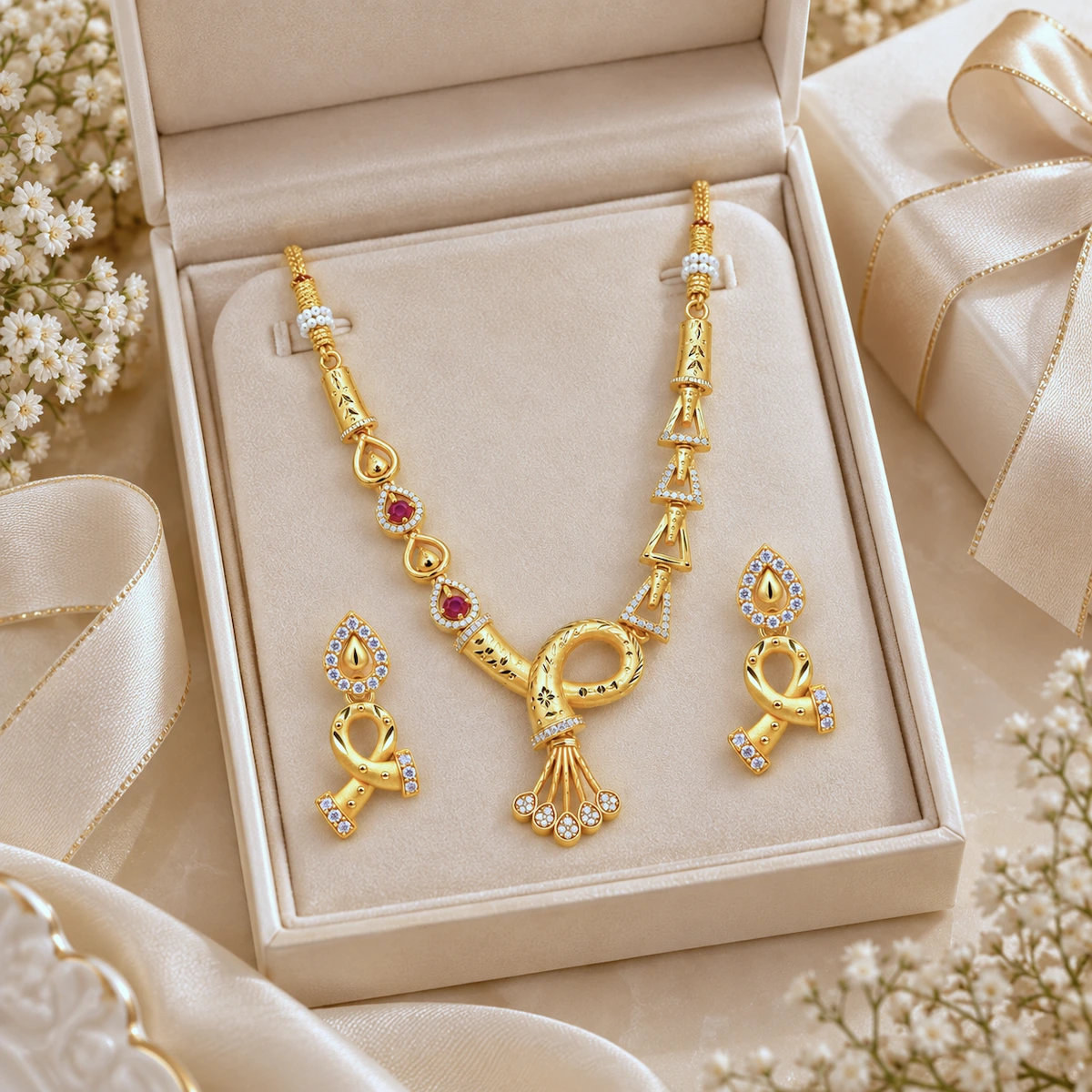 1 Gram Micro Polish Gold Plated Floral Bow Necklace Set