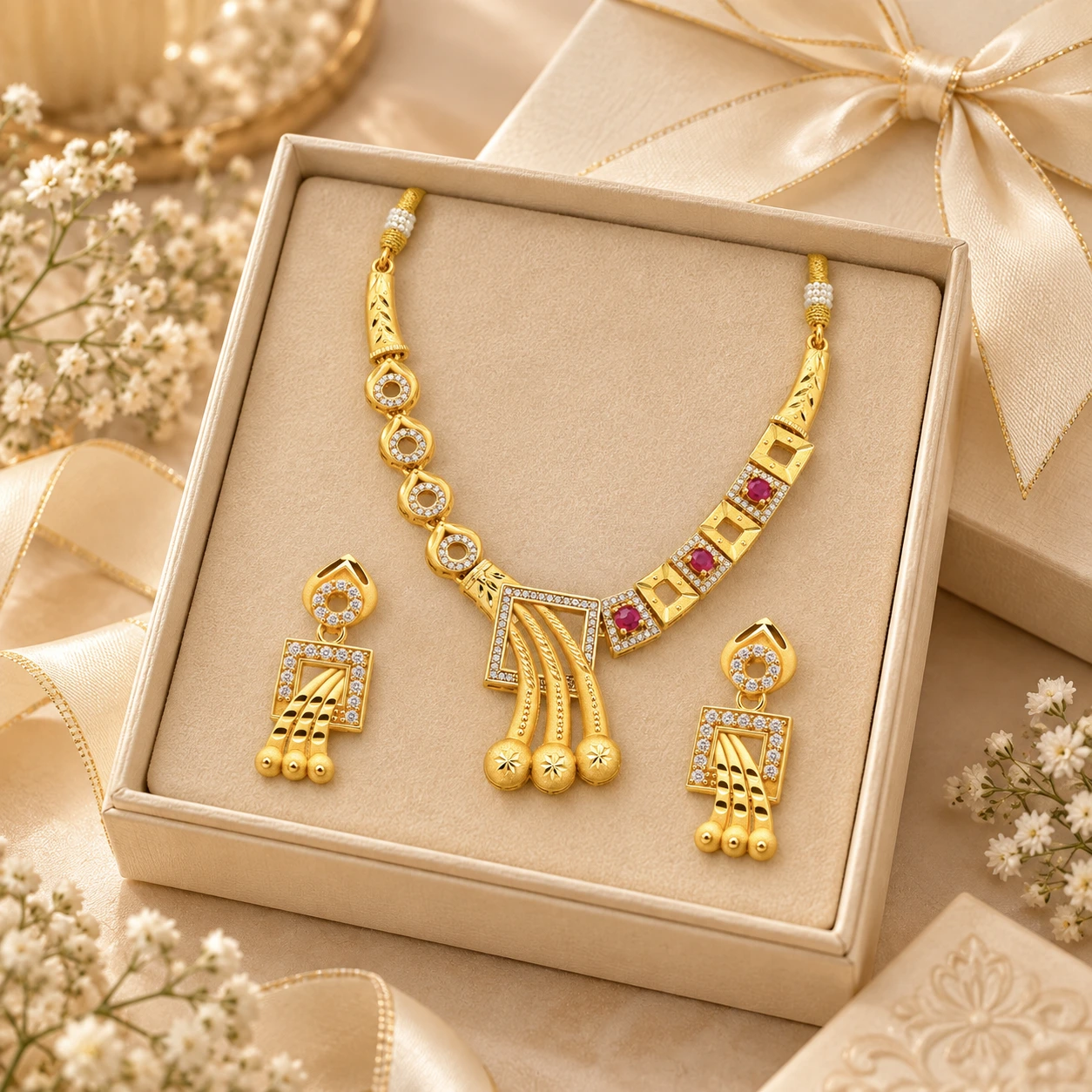 1 Gram Micro Polish Gold Plated Ruby Geometric Necklace Set