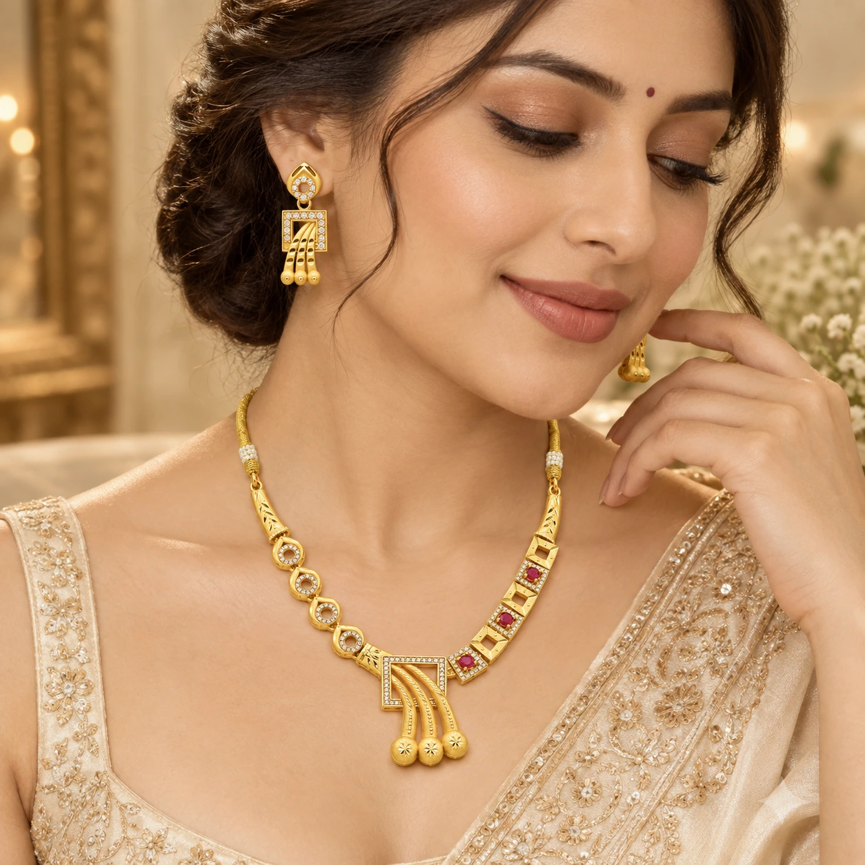 1 Gram Micro Polish Gold Plated Ruby Geometric Necklace Set
