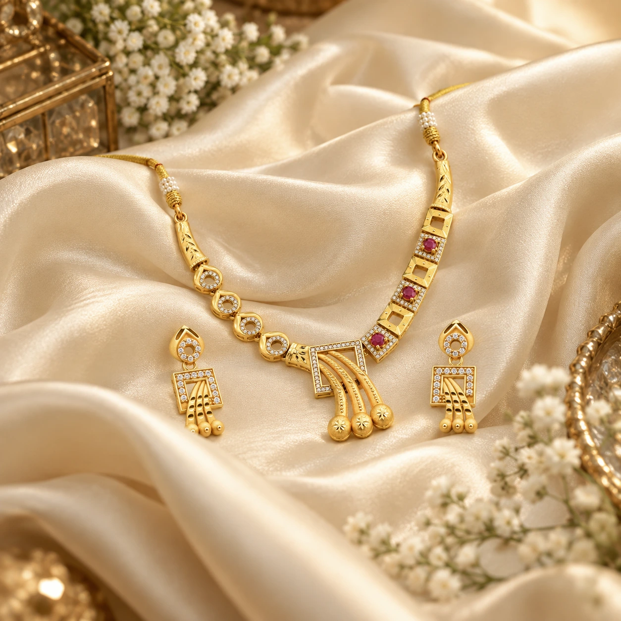 1 Gram Micro Polish Gold Plated Ruby Geometric Necklace Set