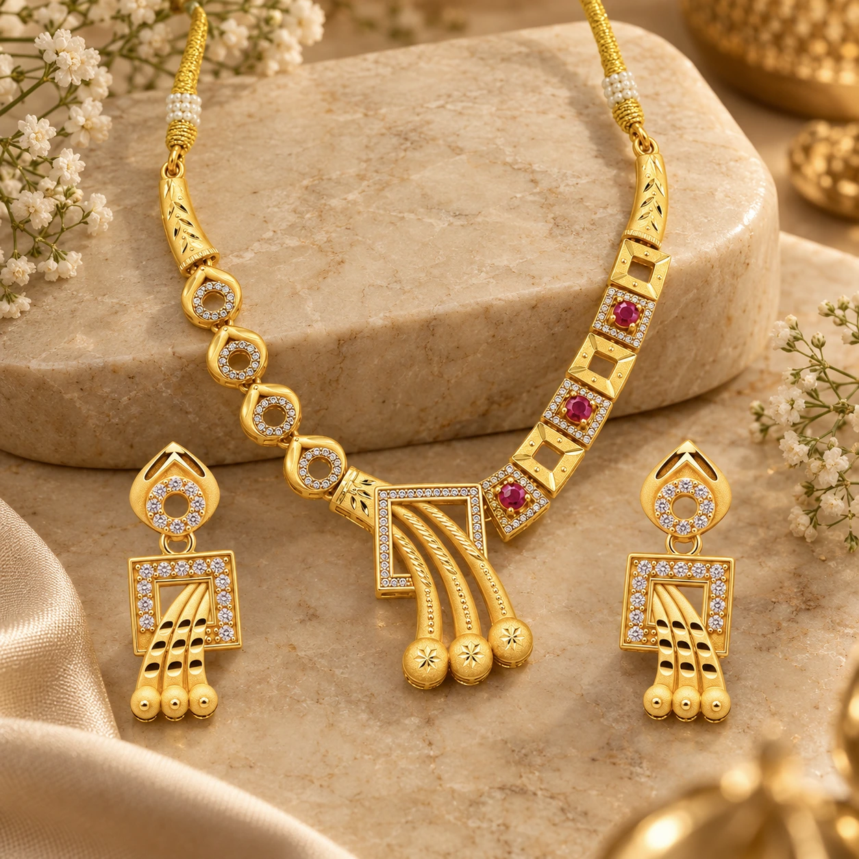 1 Gram Micro Polish Gold Plated Ruby Geometric Necklace Set