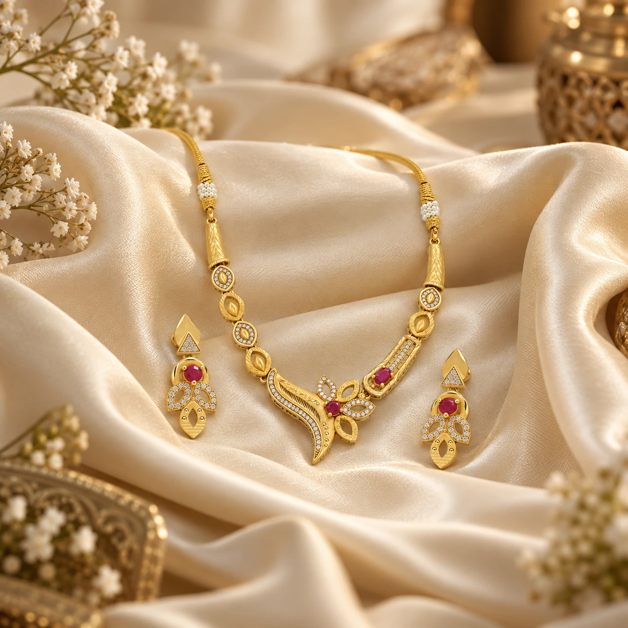 1 Gram Micro Polish Gold Plated Floral Ruby Necklace Set