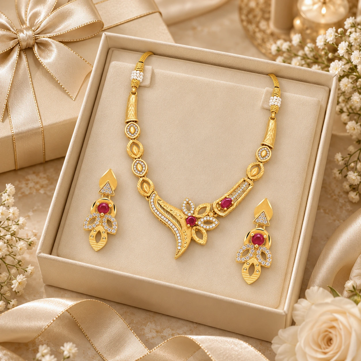 1 Gram Micro Polish Gold Plated Floral Ruby Necklace Set