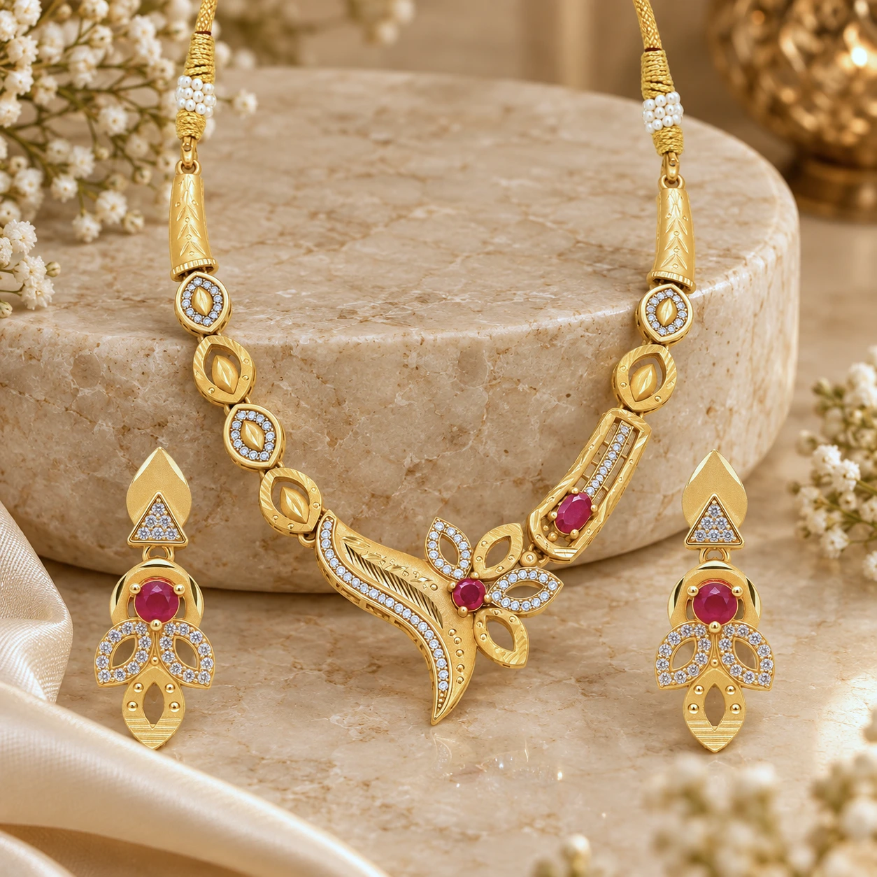 1 Gram Micro Polish Gold Plated Floral Ruby Necklace Set