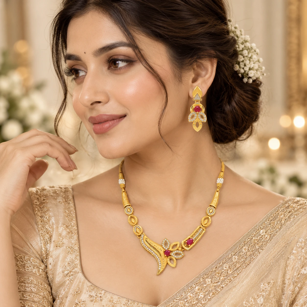 1 Gram Micro Polish Gold Plated Floral Ruby Necklace Set