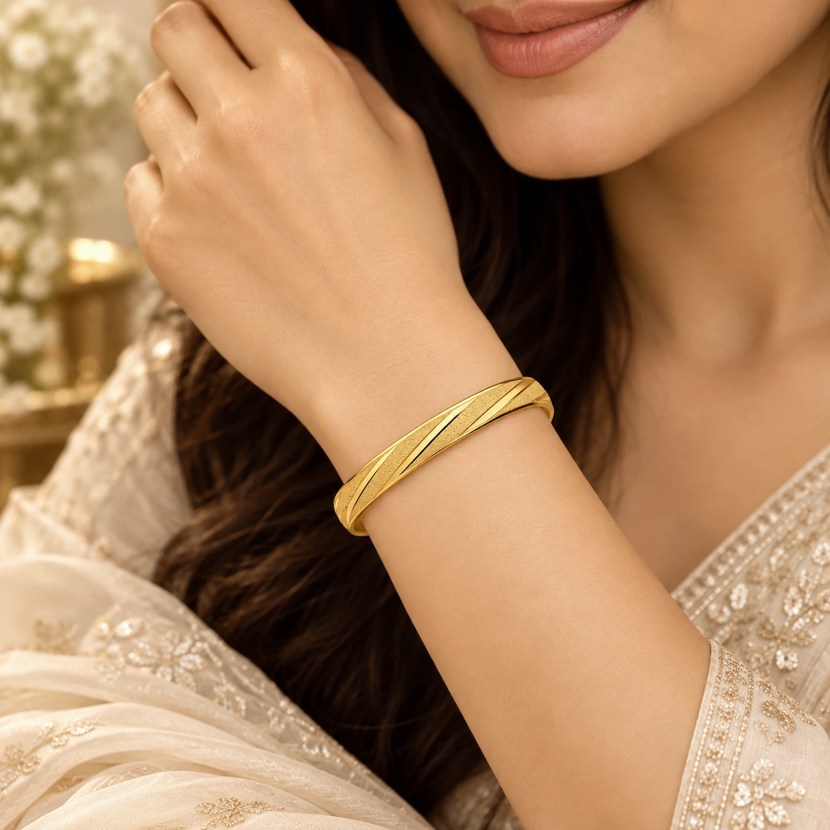 Gold Tone Diagonal Textured Bangle Set for Women - Set of 2
