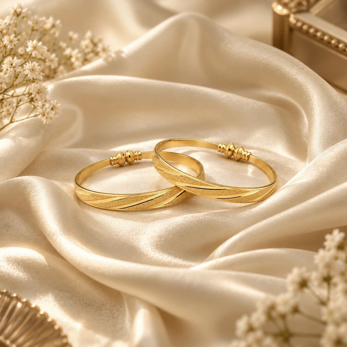 Gold Tone Diagonal Textured Bangle Set for Women - Set of 2