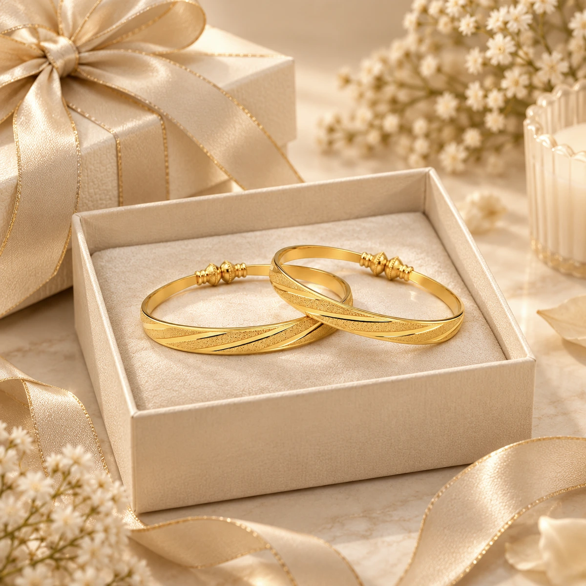 Gold Tone Diagonal Textured Bangle Set for Women - Set of 2