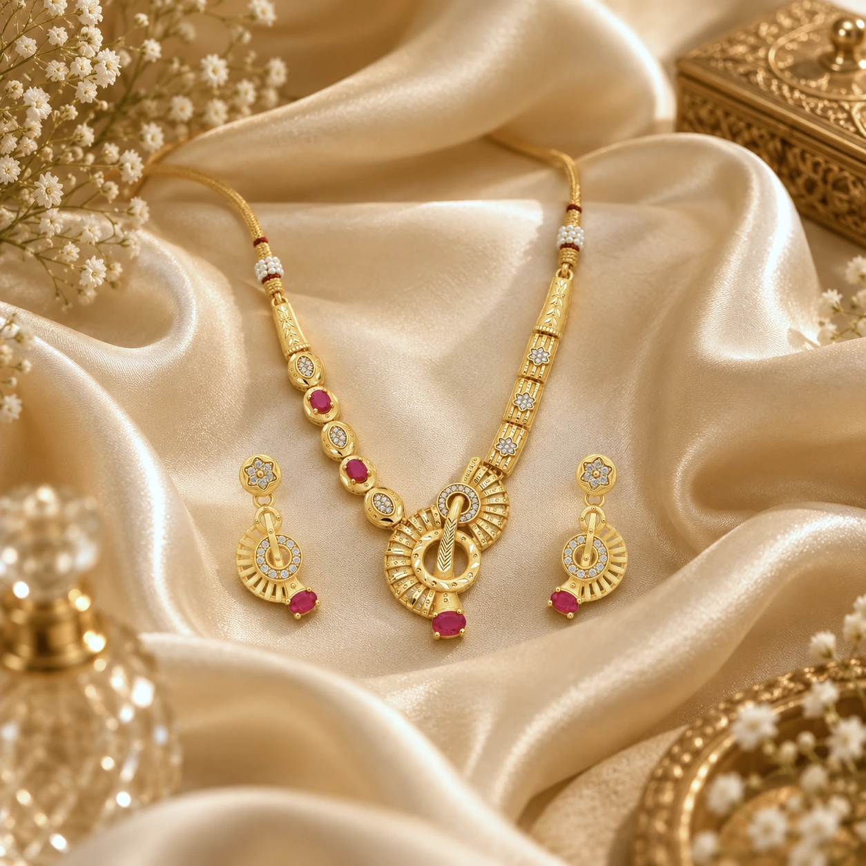1 Gram Micro Polish Gold Plated Ruby Floral Designer Necklace Set