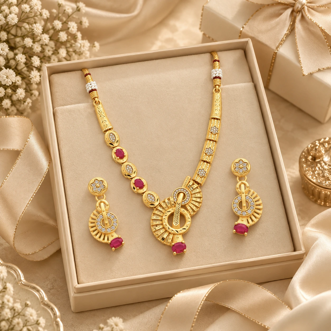 1 Gram Micro Polish Gold Plated Ruby Floral Designer Necklace Set