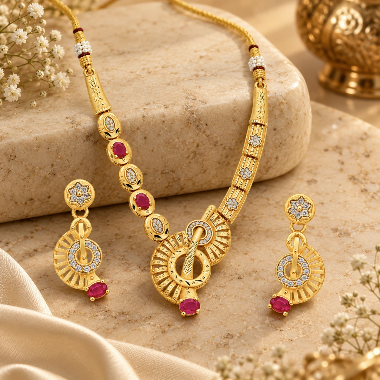 1 Gram Micro Polish Gold Plated Ruby Floral Designer Necklace Set
