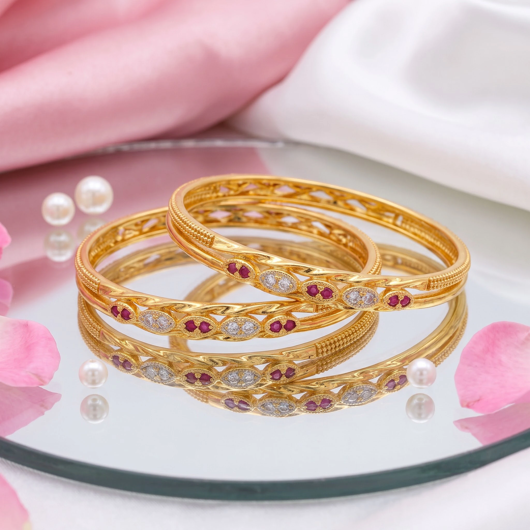 Elegant Ruby & CZ Gold-Plated Designer Bangles Set
