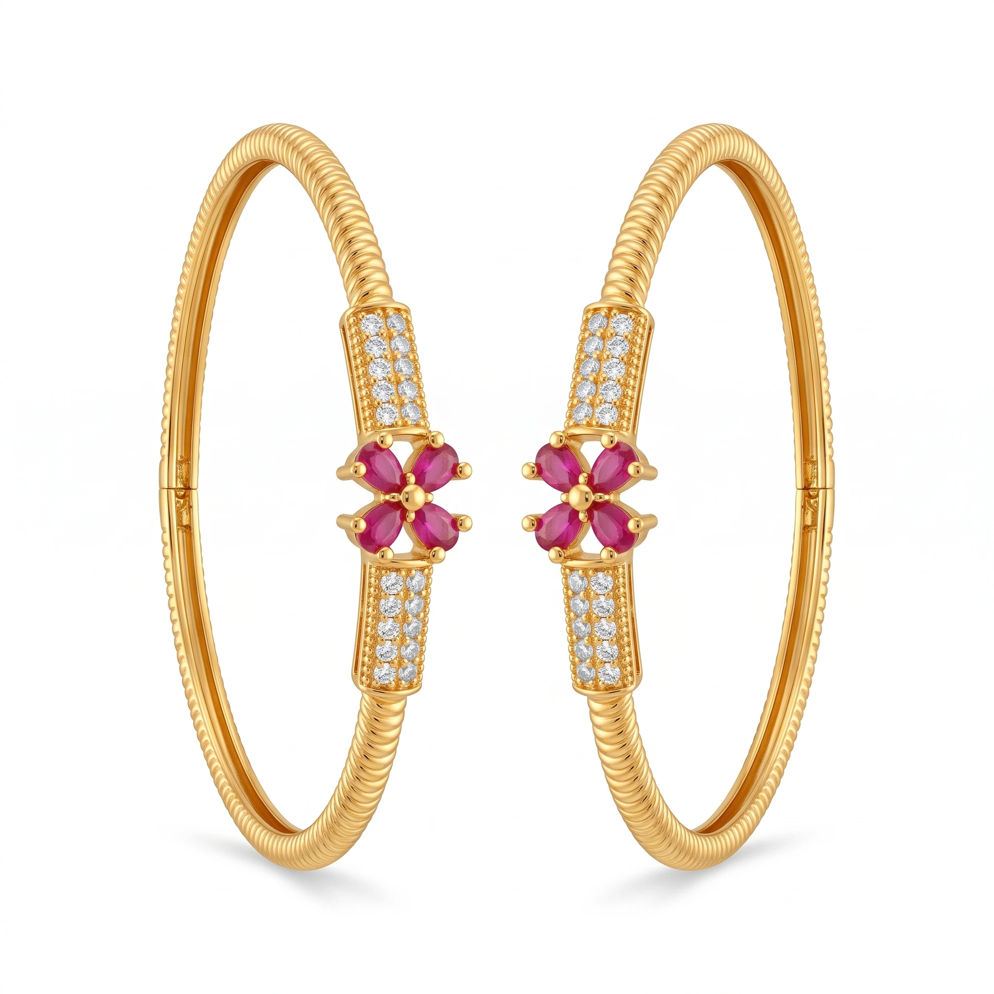 Radiant Floral Ruby & CZ Gold-Plated Designer Bangles