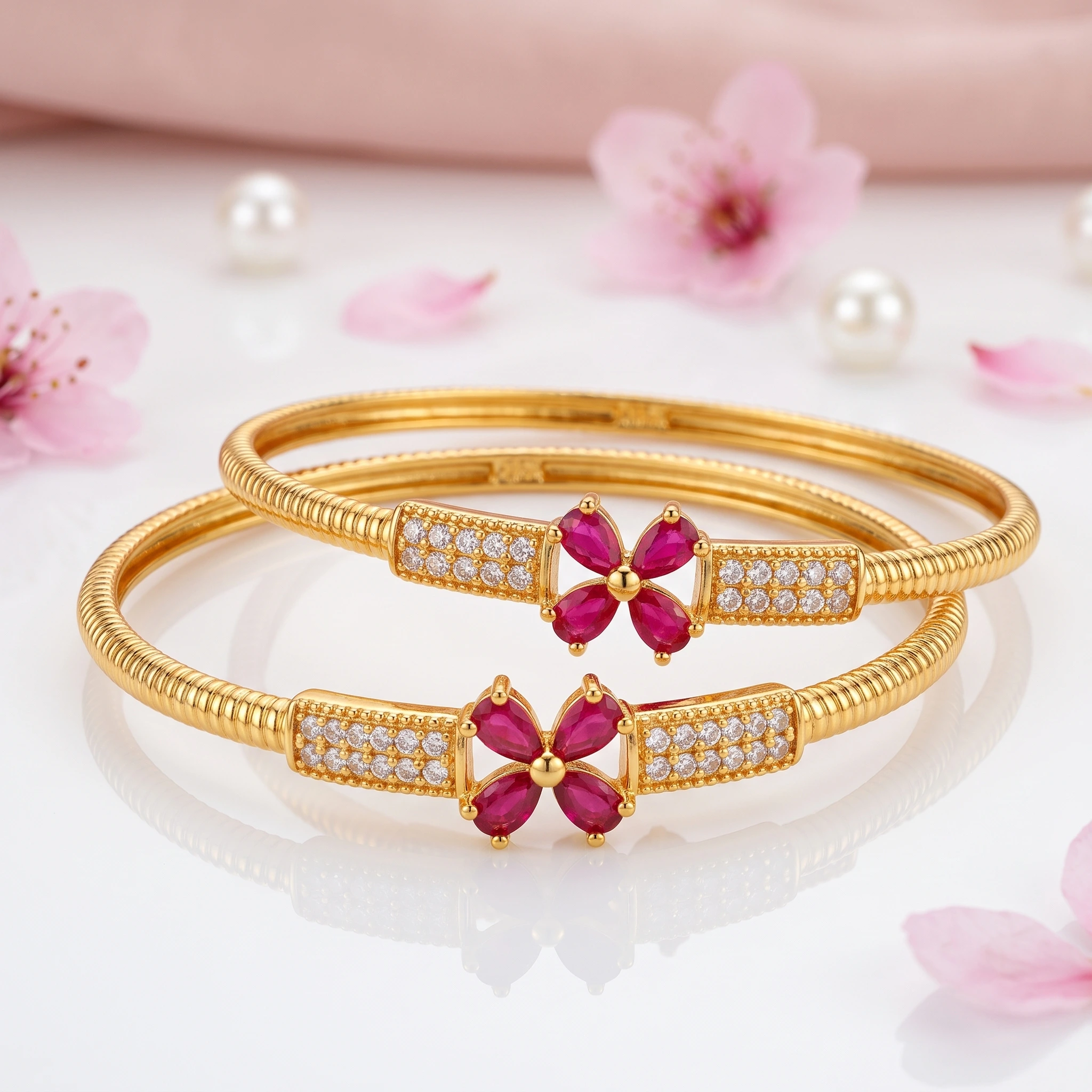 Radiant Floral Ruby & CZ Gold-Plated Designer Bangles