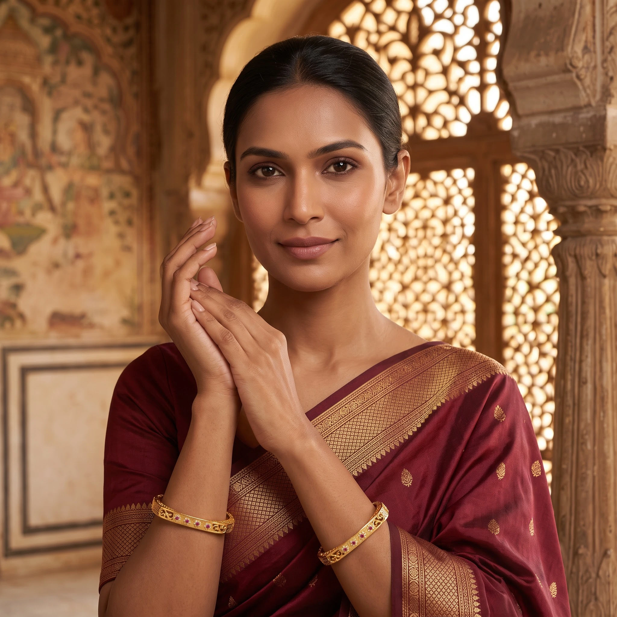 Regal Filigree Ruby & CZ Gold-Plated Kada Set
