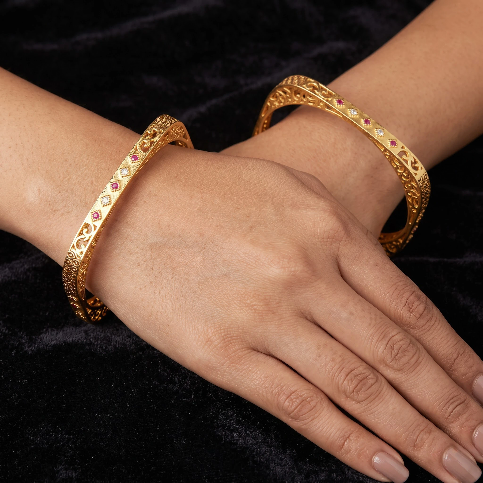 Regal Filigree Ruby & CZ Gold-Plated Kada Set