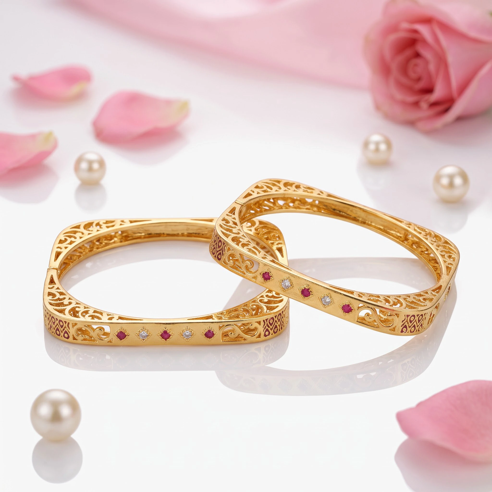 Regal Filigree Ruby & CZ Gold-Plated Kada Set