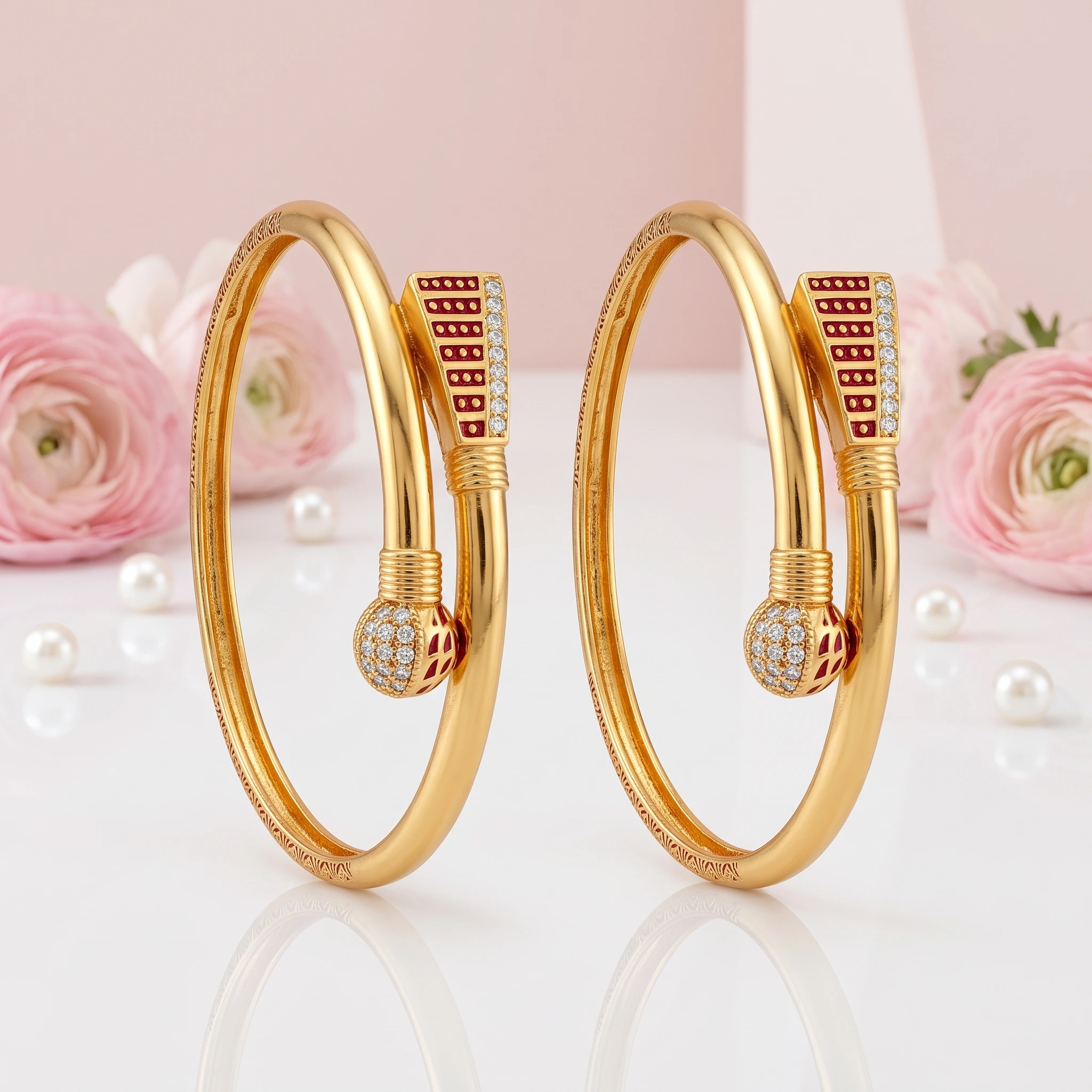 Contemporary Enamel & CZ Gold-Plated Open Kada Set