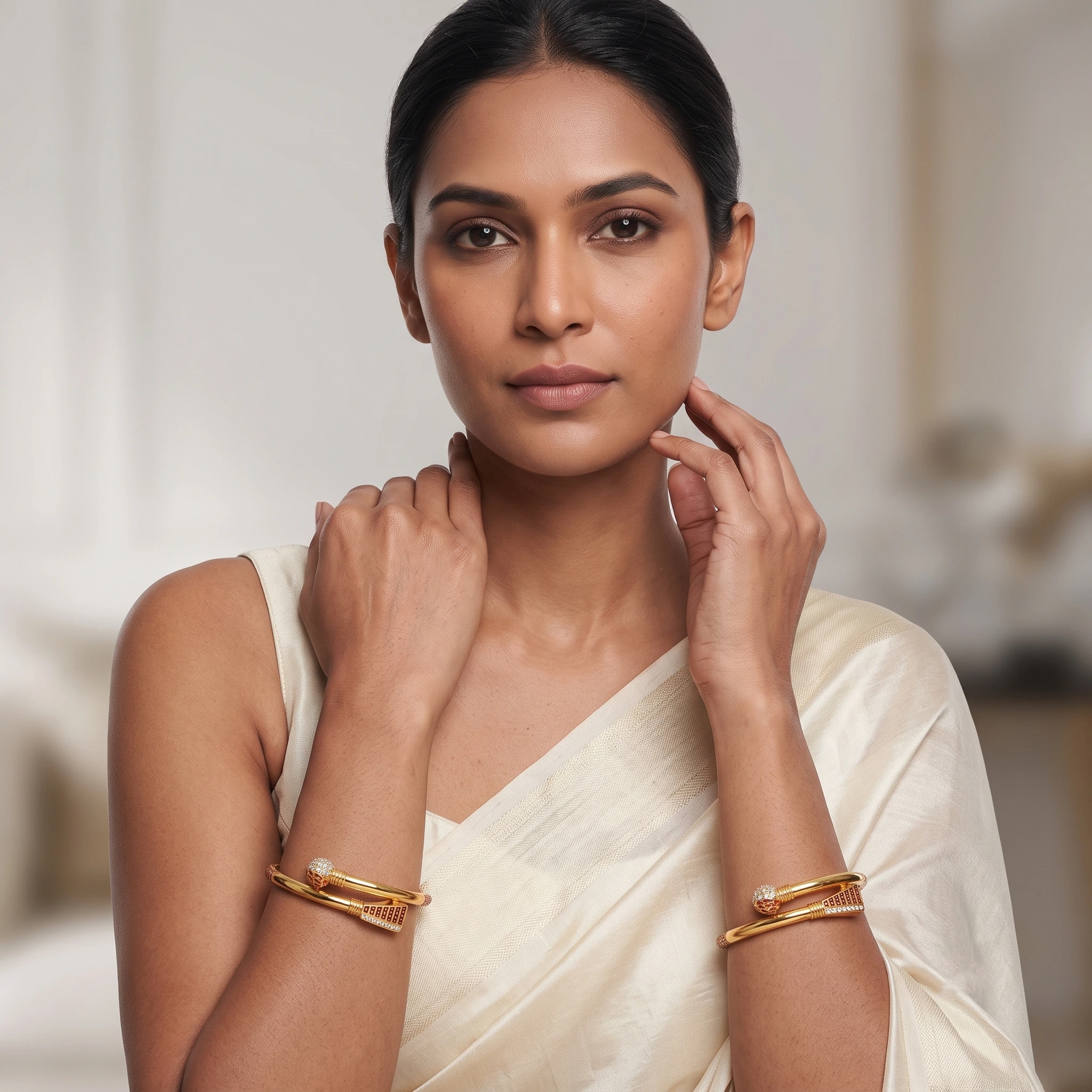 Contemporary Enamel & CZ Gold-Plated Open Kada Set