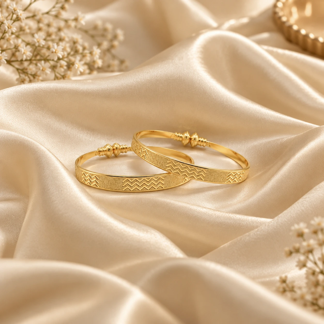 Gold Tone Chevron Pattern Designer Bangle Set for Women - Set of 2