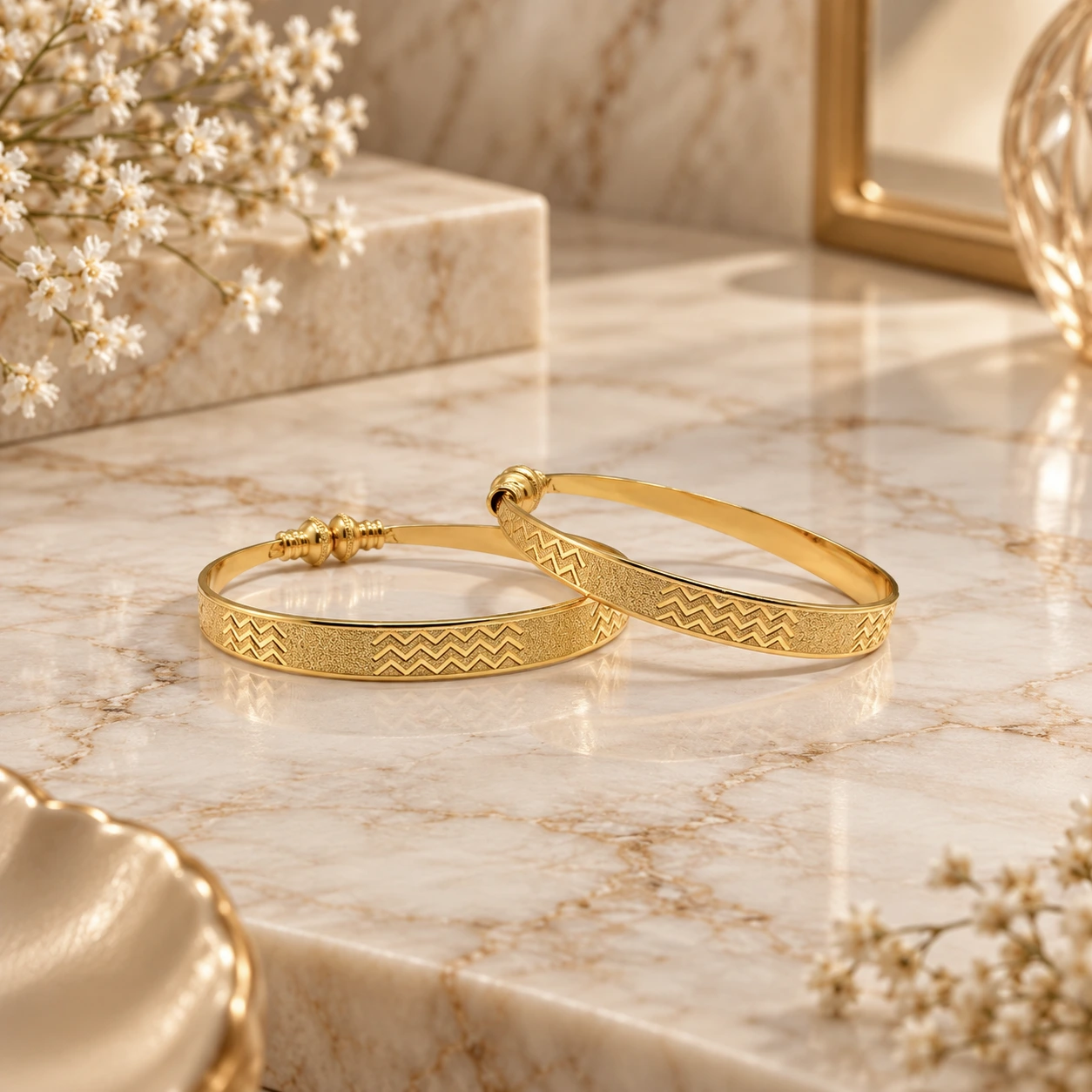 Gold Tone Chevron Pattern Designer Bangle Set for Women - Set of 2
