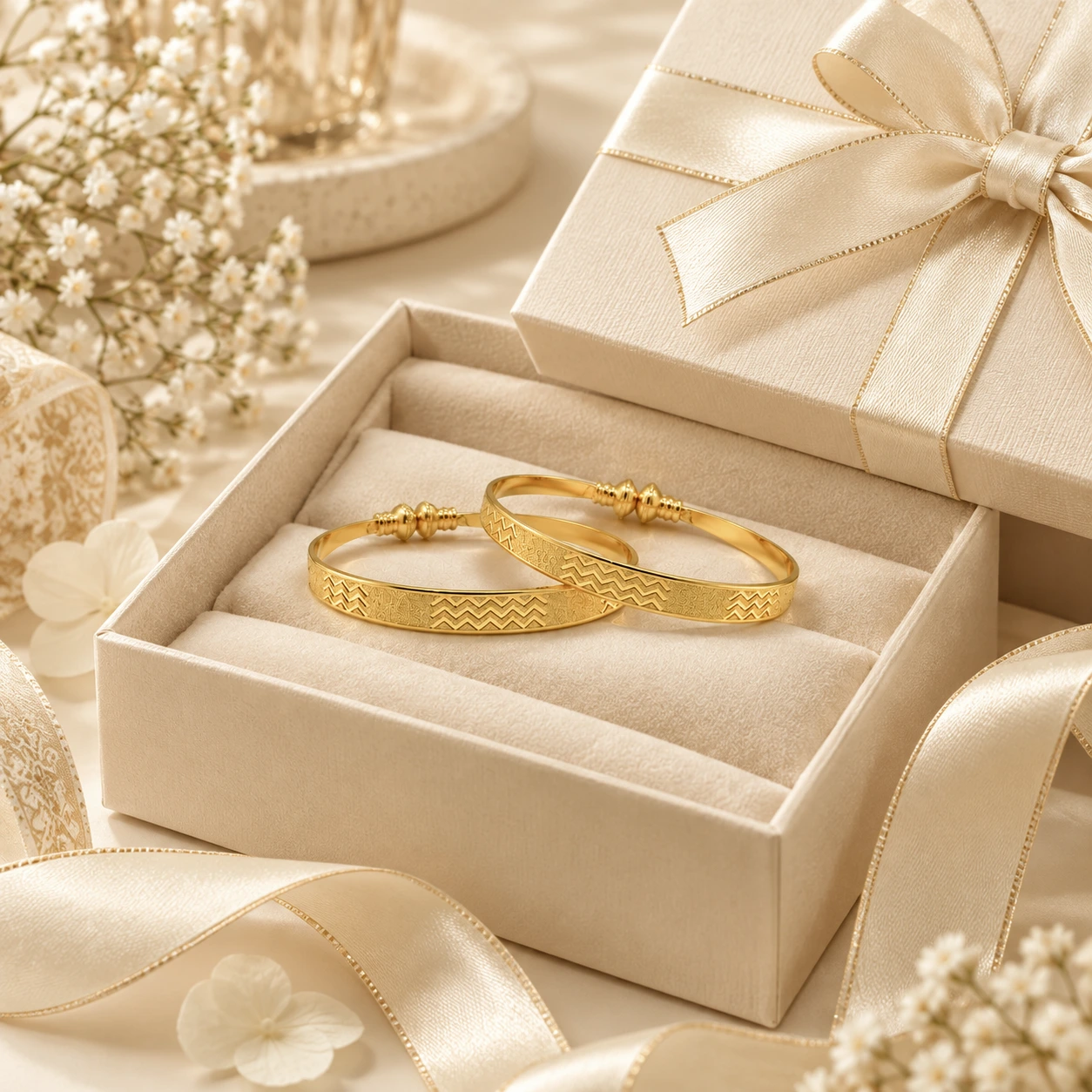 Gold Tone Chevron Pattern Designer Bangle Set for Women - Set of 2