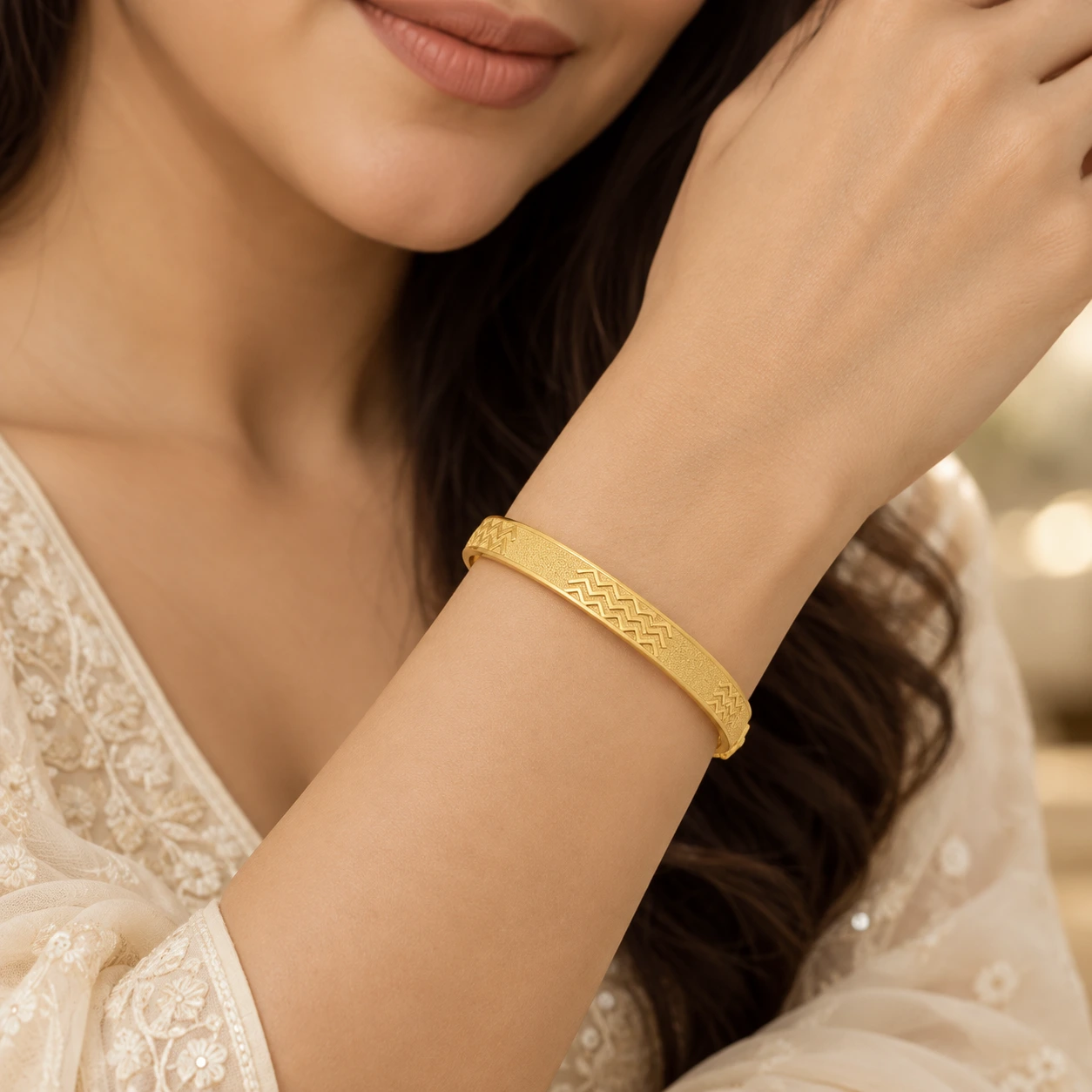 Gold Tone Chevron Pattern Designer Bangle Set for Women - Set of 2