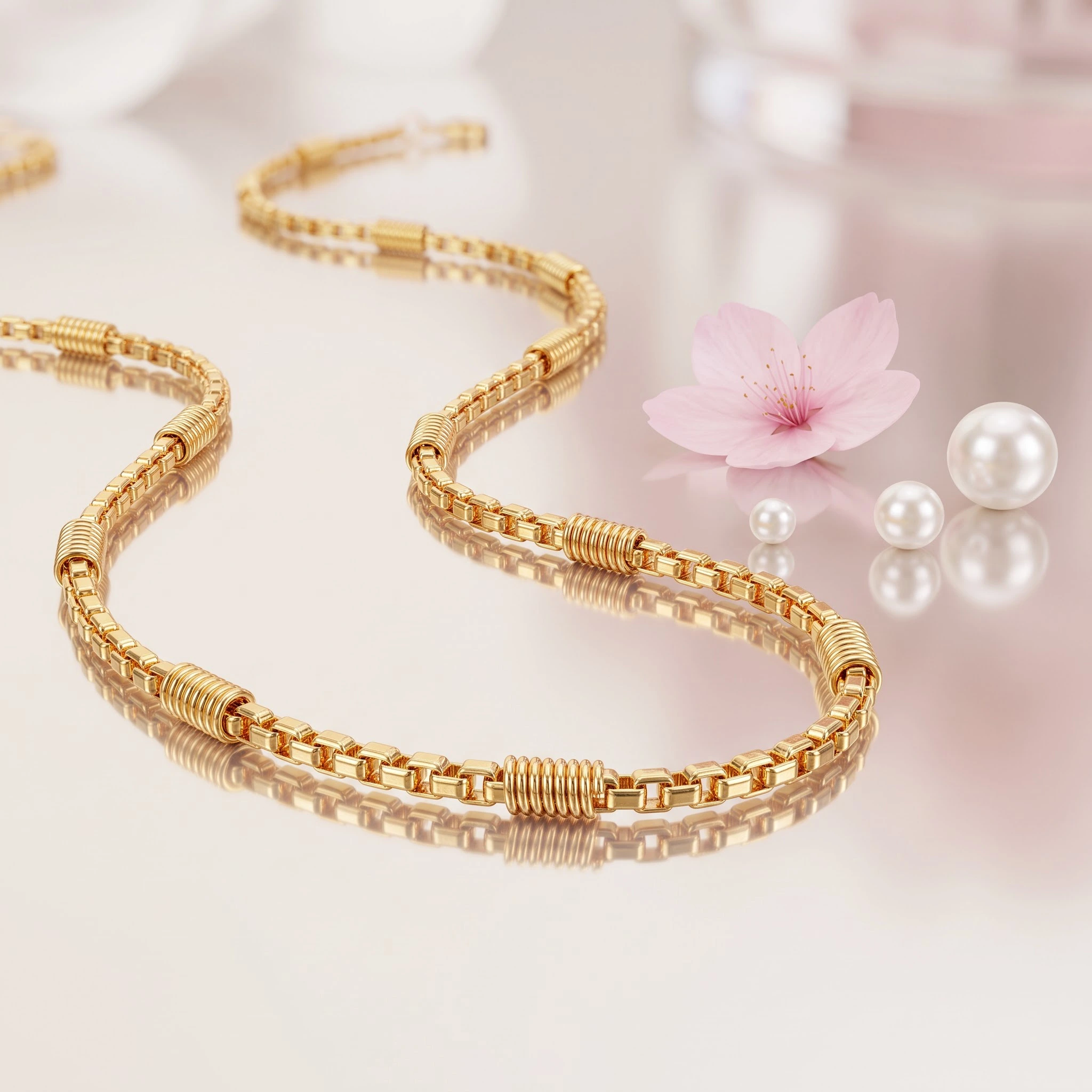 1 Gram Micro Polish Gold Plated Women's Box Link Chain with Ribbed Accents