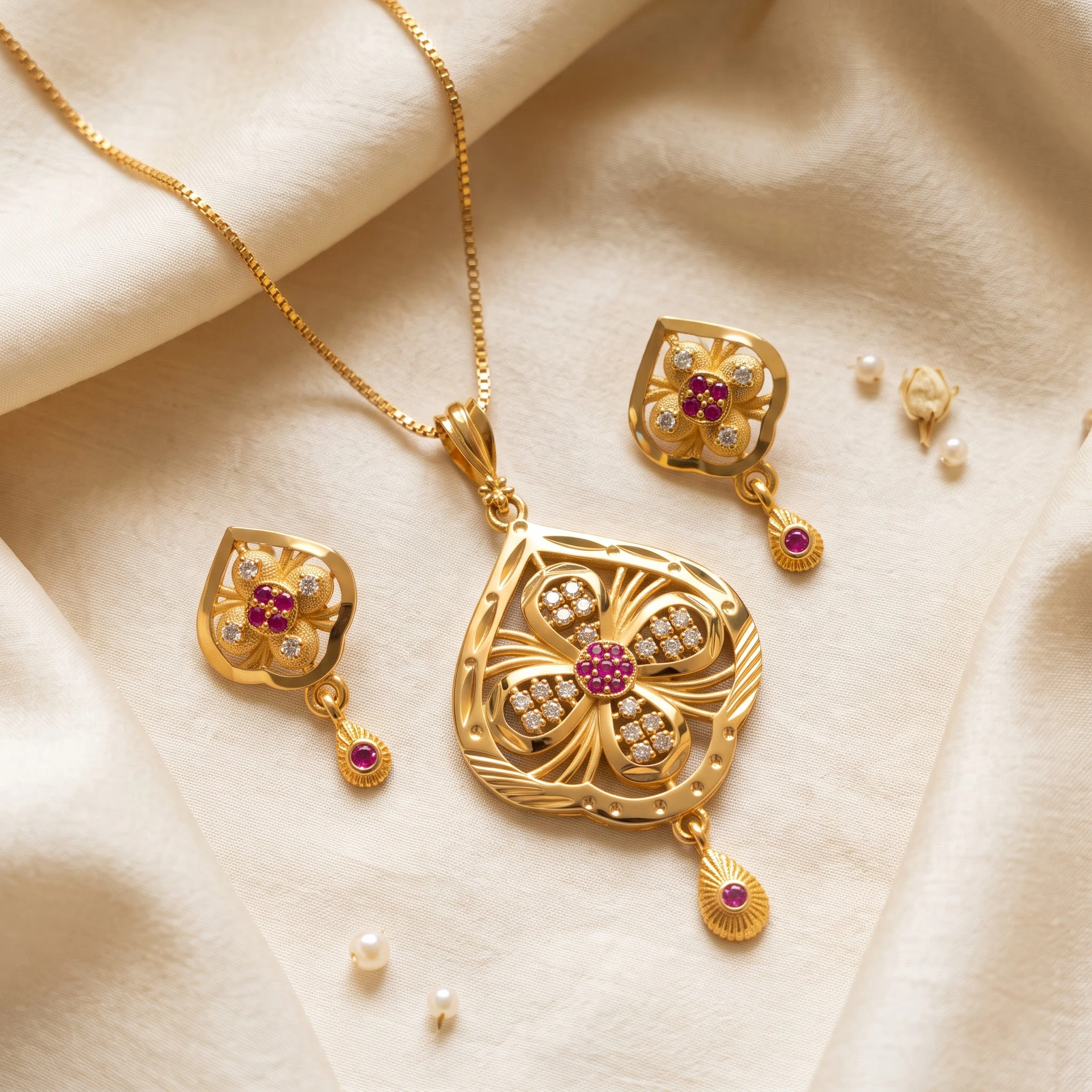 1 Gram Micro Polish Gold Plated Floral Ruby Pendant Set