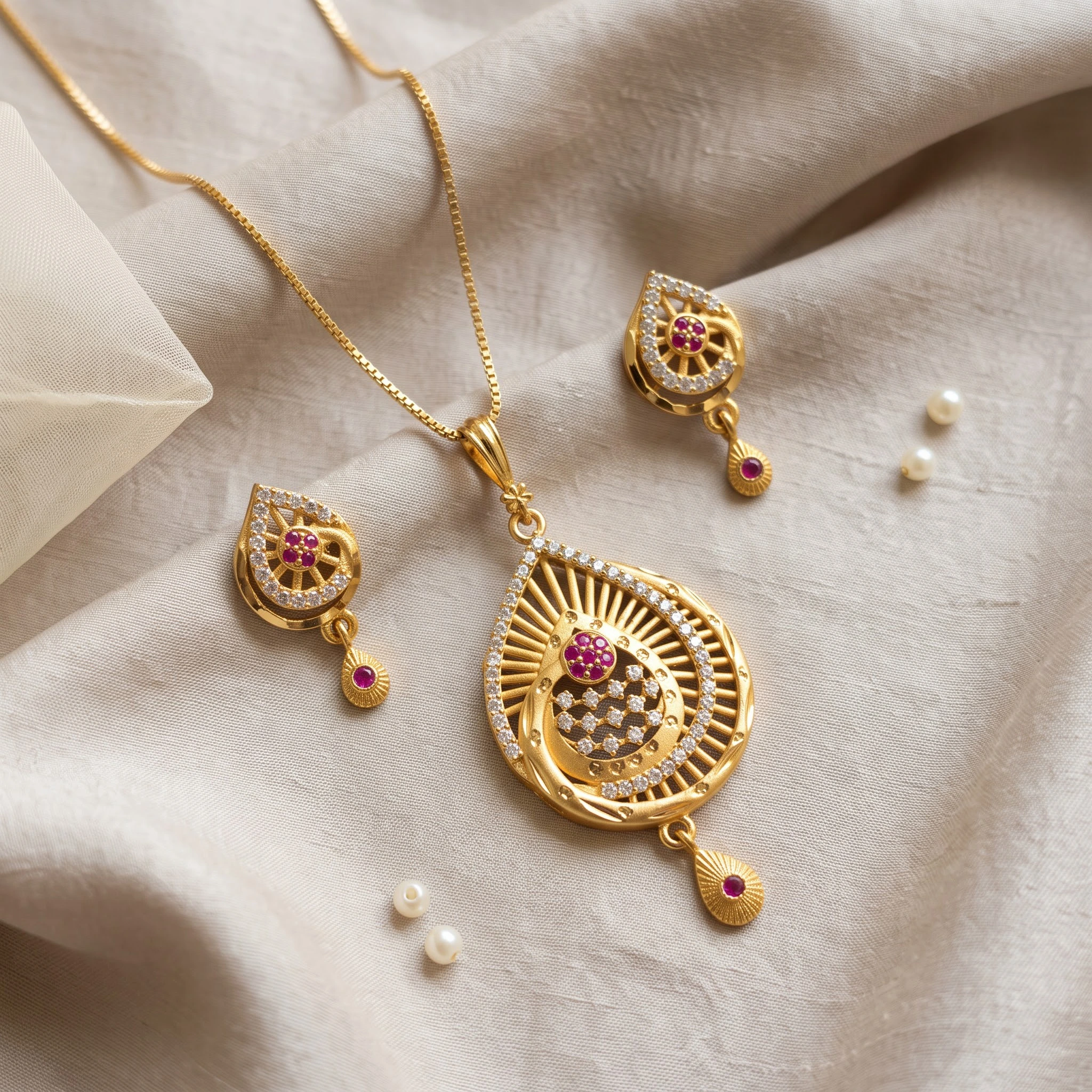 1 Gram Micro Polish Gold Plated Round Ruby Pendant Set