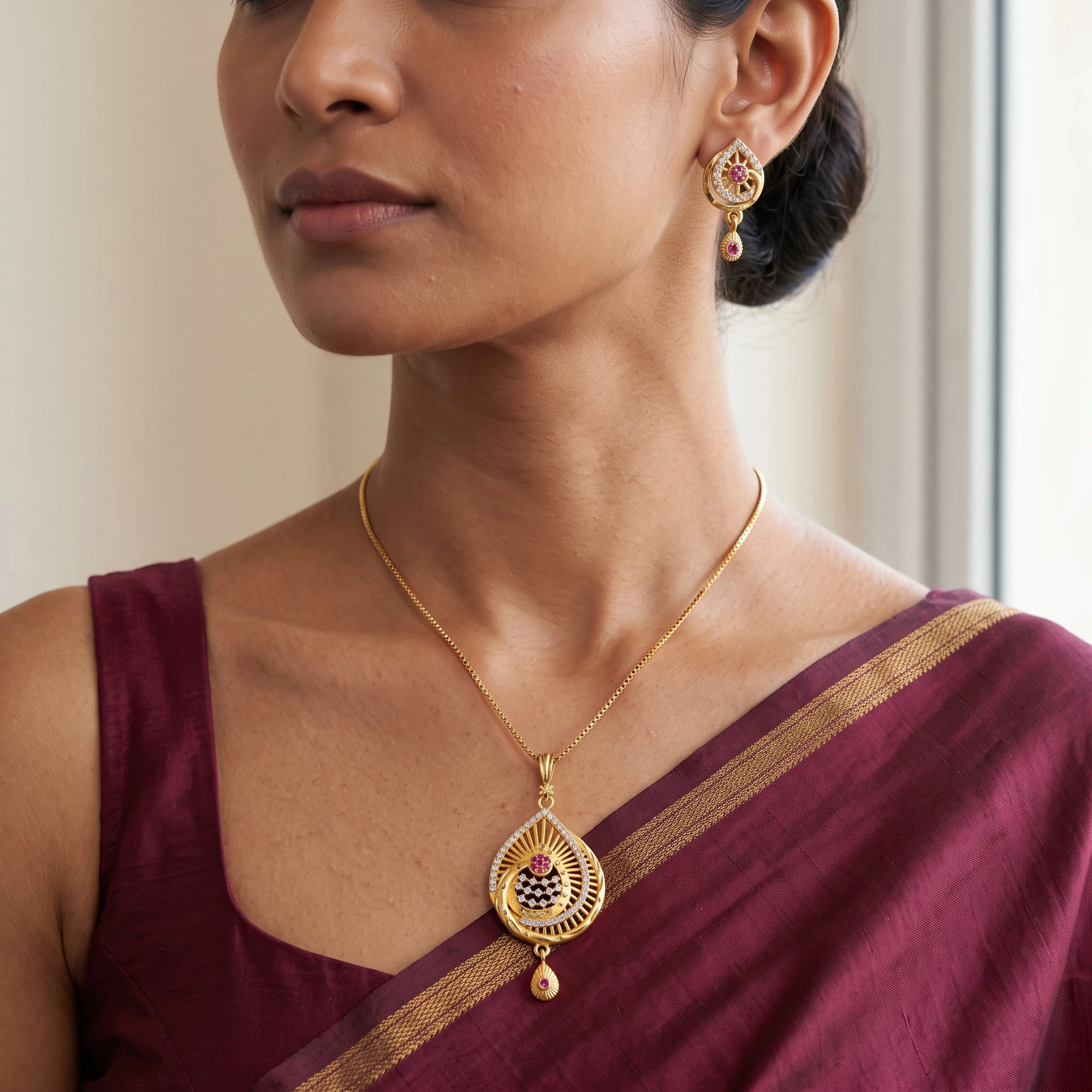 1 Gram Micro Polish Gold Plated Round Ruby Pendant Set