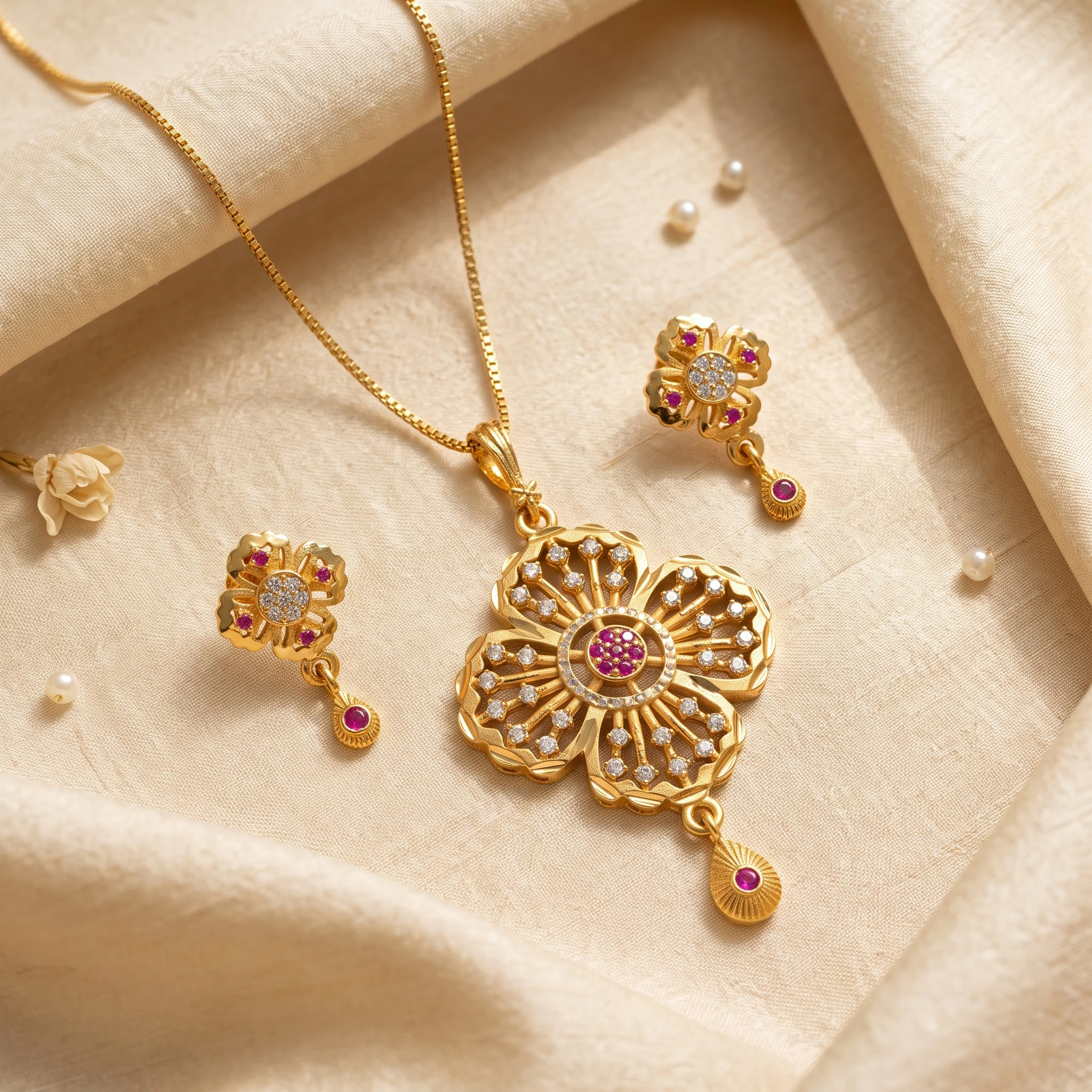1 Gram Micro Polish Gold Plated Floral Ruby Pendant Set