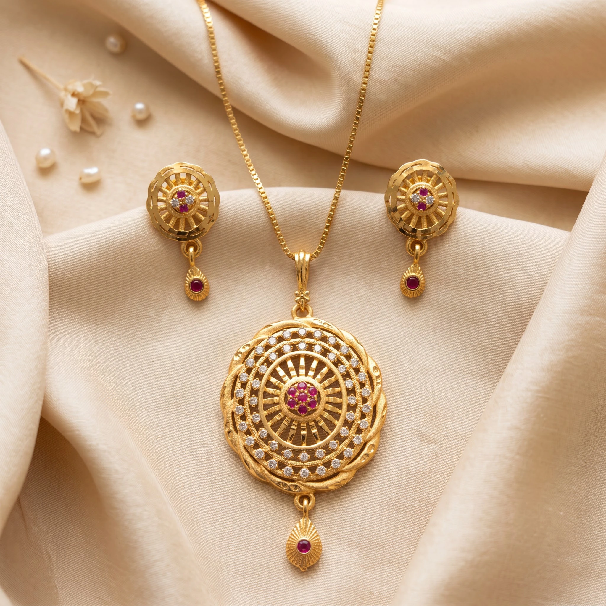 1 Gram Micro Polish Gold Plated Round Ruby Pendant Set