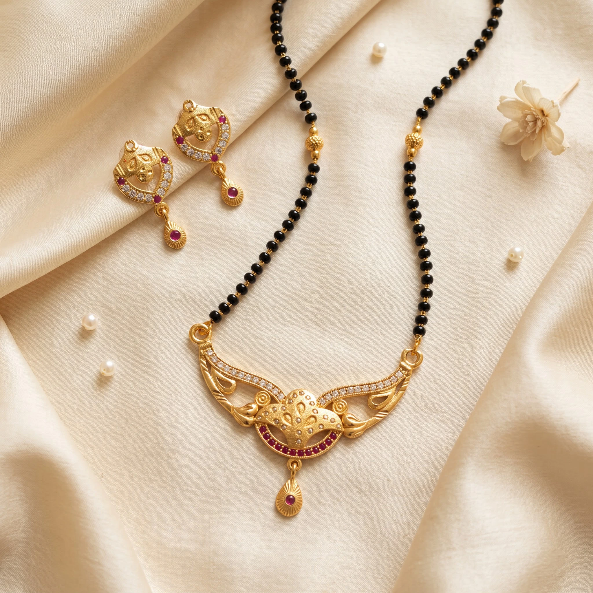 Radiant Gold-Plated CZ & Ruby Studded Mangalsutra Set with Matching Earrings