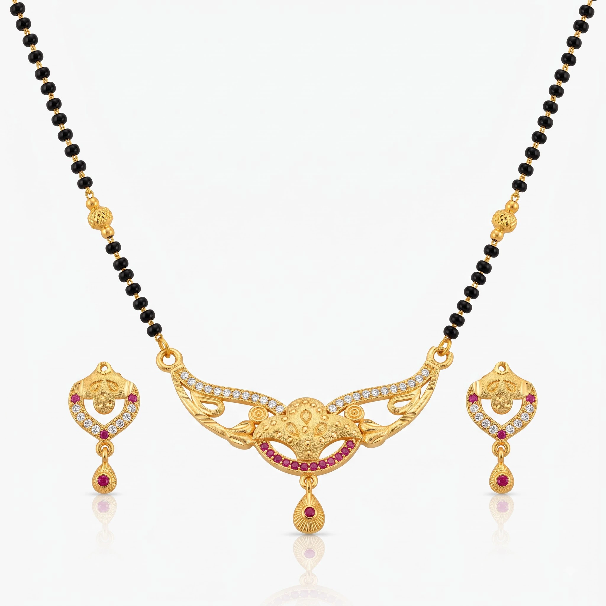 Radiant Gold-Plated CZ & Ruby Studded Mangalsutra Set with Matching Earrings
