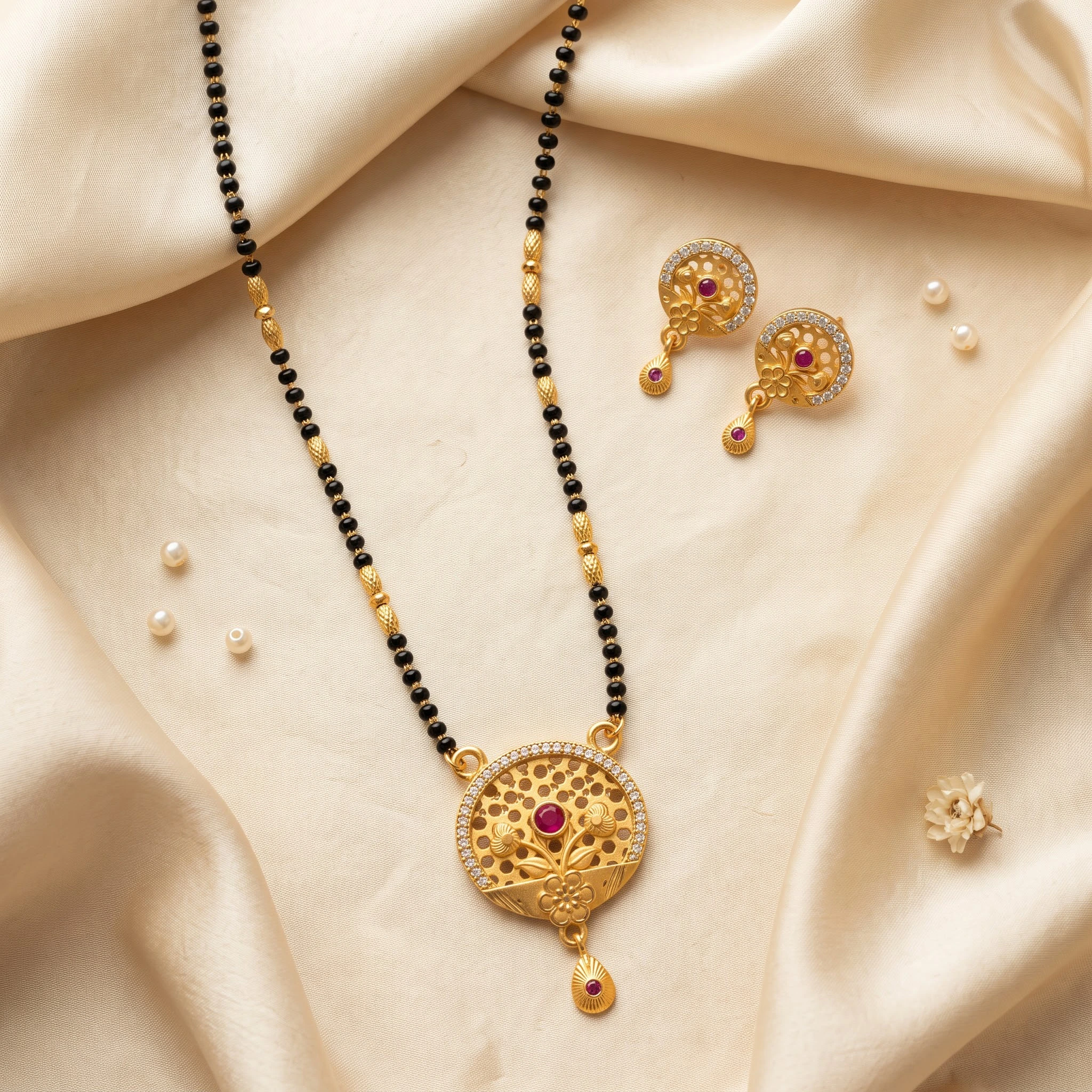 Graceful Circular Motif Gold-Plated CZ & Ruby Mangalsutra Set